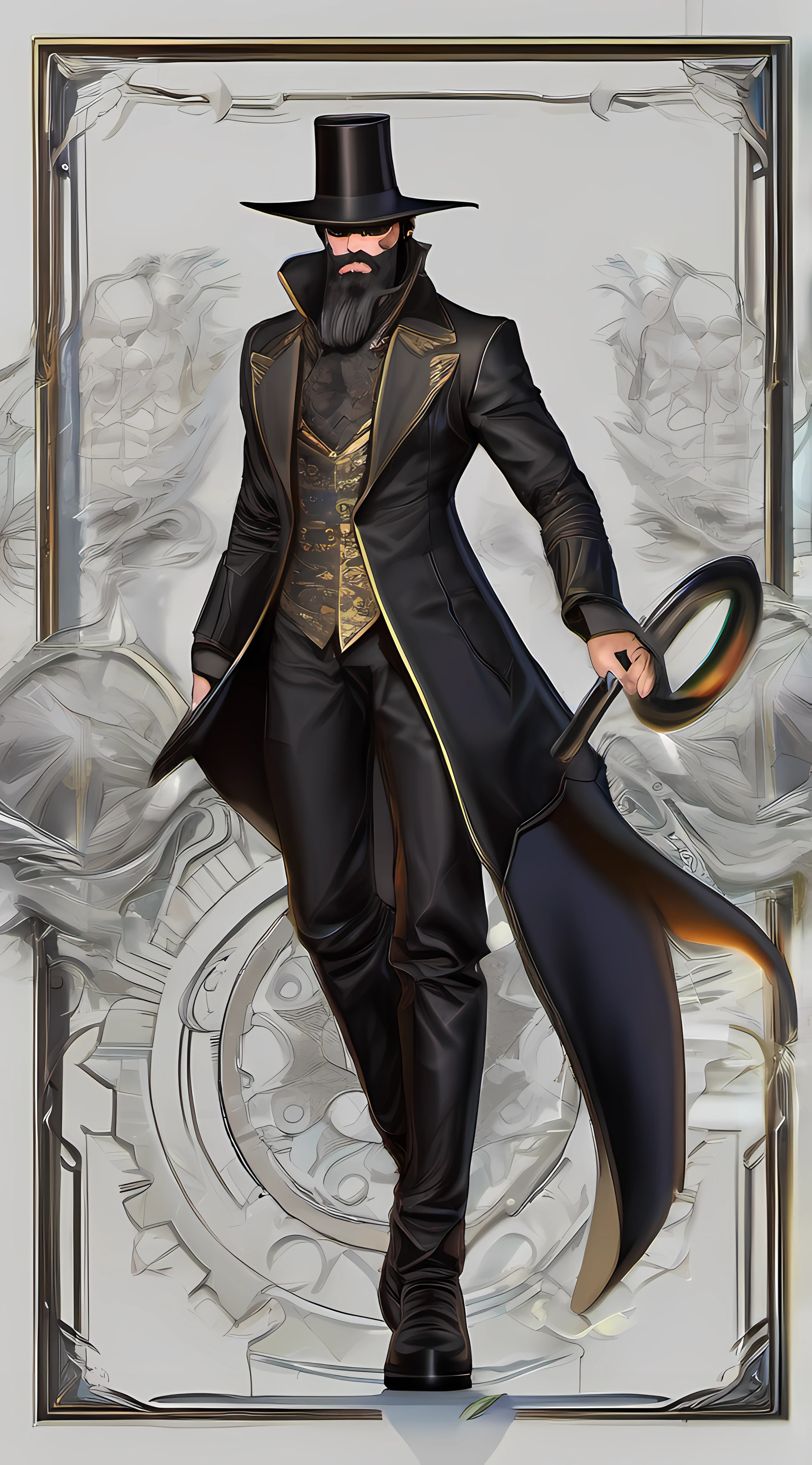 Um homem em um casaco preto e uma bengala fica com uma espada, arte conceitual detalhada de corpo inteiro, conceito detalhado de corpo inteiro, Uniforme preto dourado, arte conceitual Feng Zhu, vestindo um terno nobre preto, arte conceitual de corpo inteiro, conceito de corpo inteiro, Demonic noble character design, arte conceitual de corpo inteiro bonita, novo design de conceito de traje, personagem de arte conceitual, delicate androgynous princeAn impressive digital artwork in style 2.5D brings to life the mysterious and charming theme of a 30-something, with beard and glasses. He is dressed in black mage clothes........, complete with a pointed hat, exuding an aura of mystique. With a playful smile on his lips, He adjusts his monocle, the light reflecting off its surface adding to the intrigue. Behind him hangs a giant pocket watch, shrouded in ethereal mist, further enhancing the enigmatic atmosphere. The close-up composition allows viewers to appreciate the character's intricate details and mesmerizing blend of digital art techniques. This work of art is a true masterpiece, cativando e convidando os espectadores a mergulhar em um mundo de maravilhas. (deslumbrante, misterioso, encantador), (roupas de mago preto:1.3), (Pointed hat:1.2), (playful grin:1.3), (Tight monocle:1.4), (giant pocket watch:1.5), (ethereal haze:1), (detalhes intrincados:1), (Hypnotizing Mistura of Digital Art Techniques:1.5),, barba e olhar cruel, olho vermelho