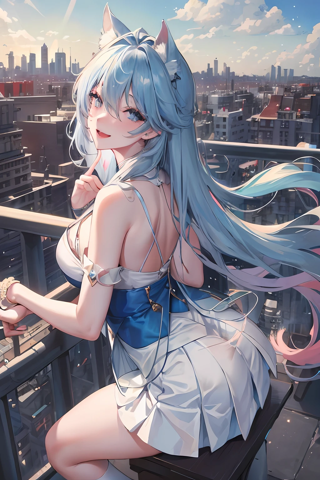 Official fine art，tmasterpiece，Sharp focus，（Beautiful, gorgeous and cute animal-eared woman：1.3），（Beautiful and cute orcs：1.3），Fox Lady，Delicate and beautiful hair and eyes and face，realisticlying，ultra - detailed，a beauty girl，blue-sky，Glowing white particles,(sidelighting:1.2),rays of sunshine,baiyun,Detailed clouds,Slender,Cute big breasts and big buttocks,Toothy laughter,((Laugh and open your eyes)),scenecy,Long straight hair, sexy facial expression, buliding, (cityscape:1.7), Dynamic hair, Long straight hair, Delicate platinum-pink hair, glow blue eyes, (blue pleated shirt+white  skirt), long white socks, paleskin, hair adornments, epic landscapes,