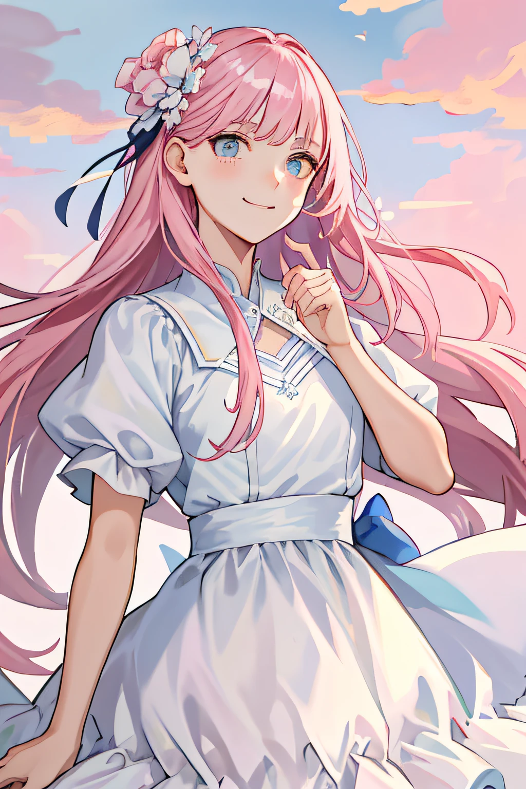 tmasterpiece,best qualtiy,realisticlying,s girl,White gauze dress,largeeyes,ssmile,Keep one's mouth shut,very vey very detailed face,(pink skies)