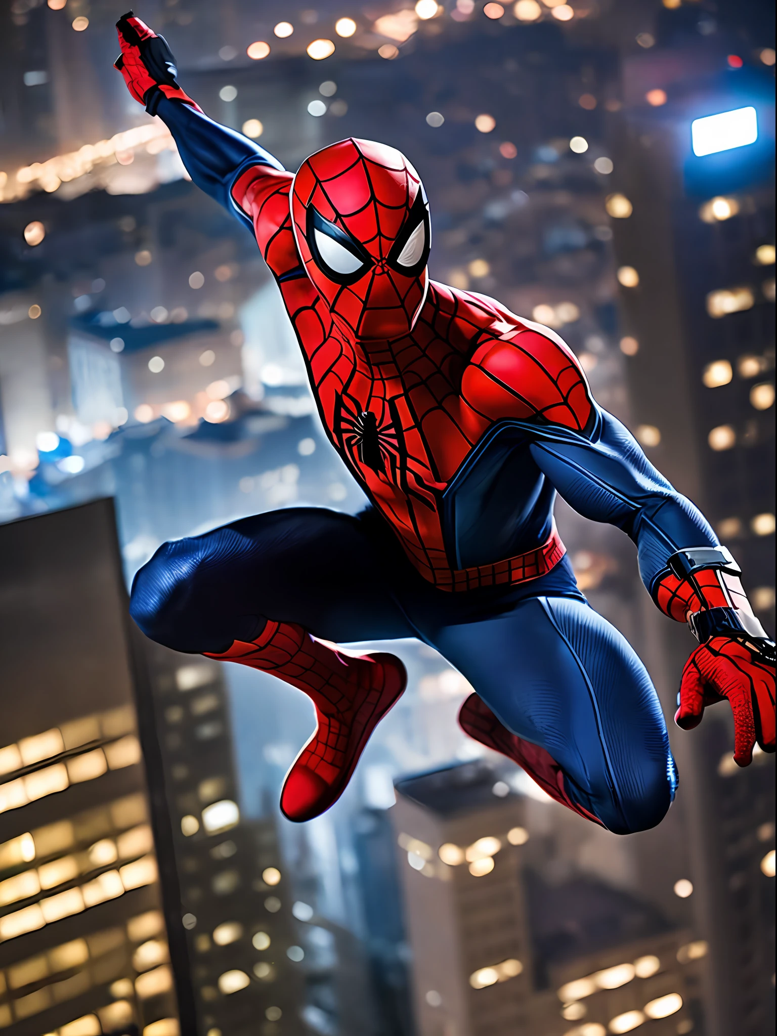 Spider-Man taking a selfie at night in the city hanging from a building.