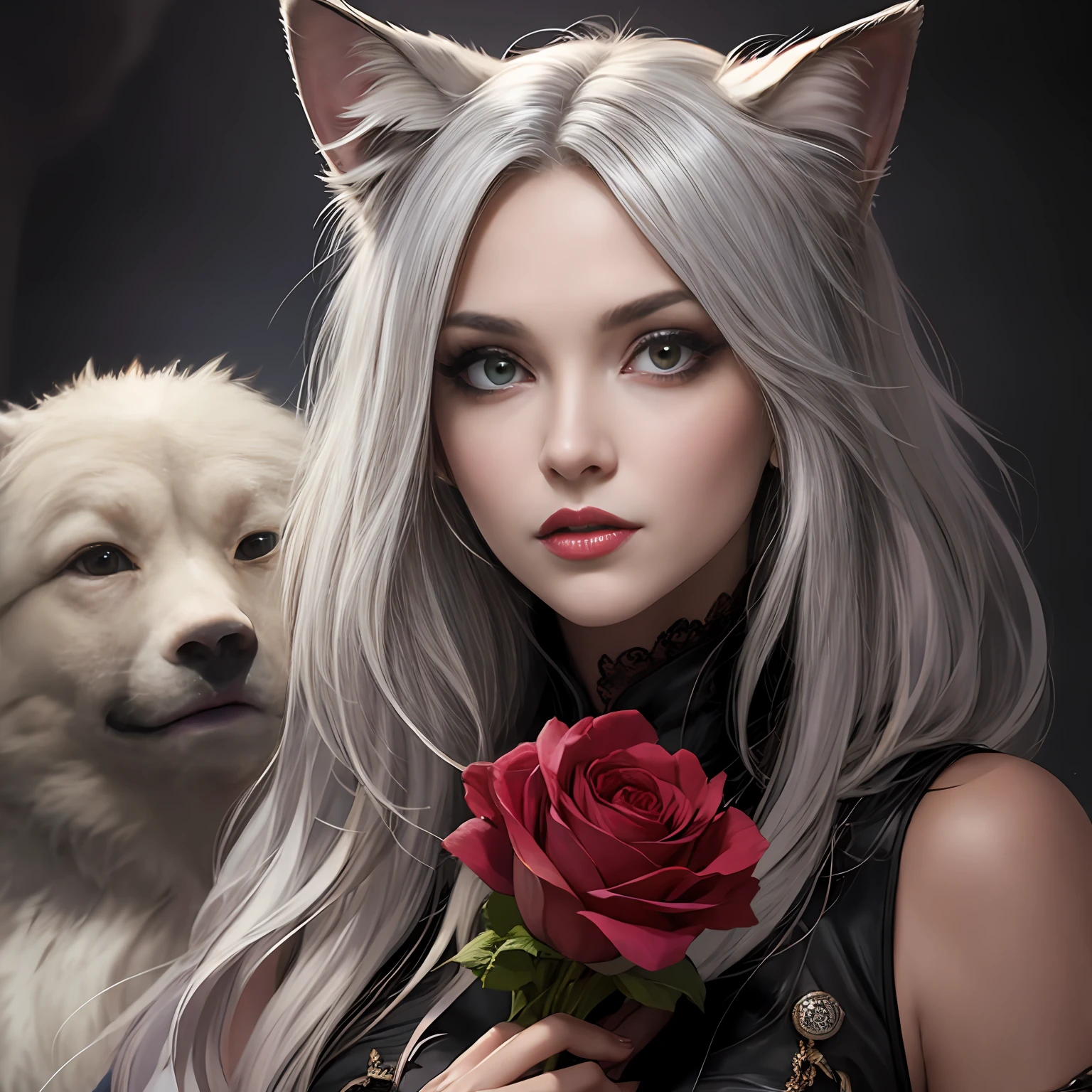 louve corps femelle, fourrure pourpre, longues griffes d'argent, les bras tendus, visage femme-loup, peau noire, yeux roses, pink lips, Prominent silver canine