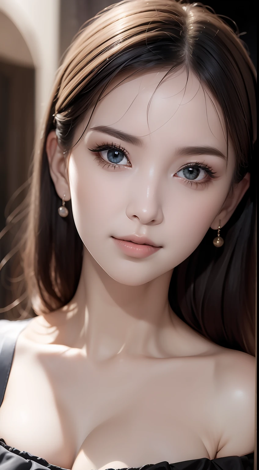 (masterpiece:1.2), (best quality), (ultra detailed), (8k,intricate), (lens 135mm,f1.8),(photorealistic)(black background:1.3),
portrait photography,(upper body:1.3),(off-shoulder),
side lighting,Rim lighting,best shadow,face light source,
perfect anatomy, perfect face,perfect female body,first-rate female bodies,
Detailed skin texture, detailed cloth texture, detailed beautiful face,exquisitely detailed skin,highly detailed skin,pale skin,detailed hair,glistening skin,