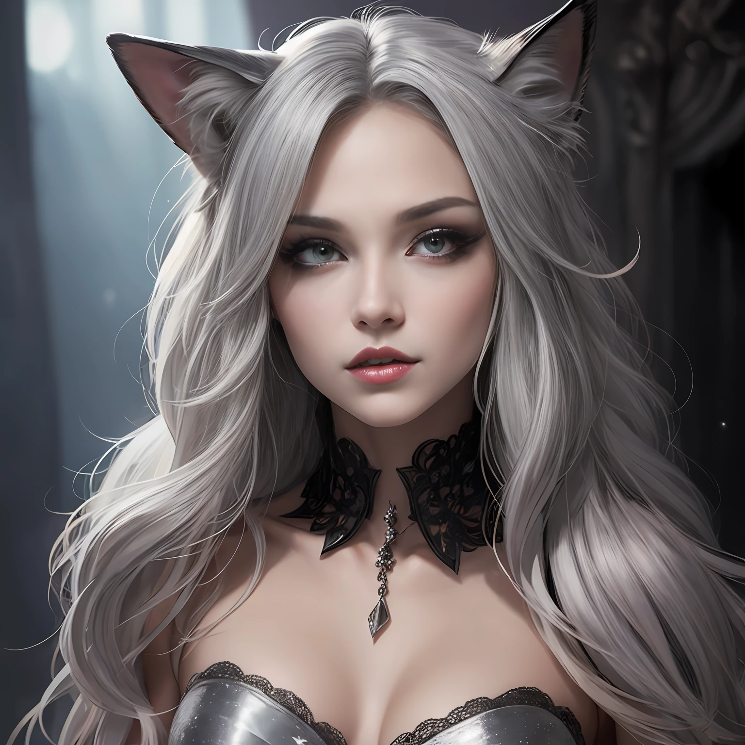 louve corps femelle, fourrure pourpre, longues griffes d'argent, les bras tendus, visage femme-loup, peau noire, yeux roses, pink lips, Prominent silver canine