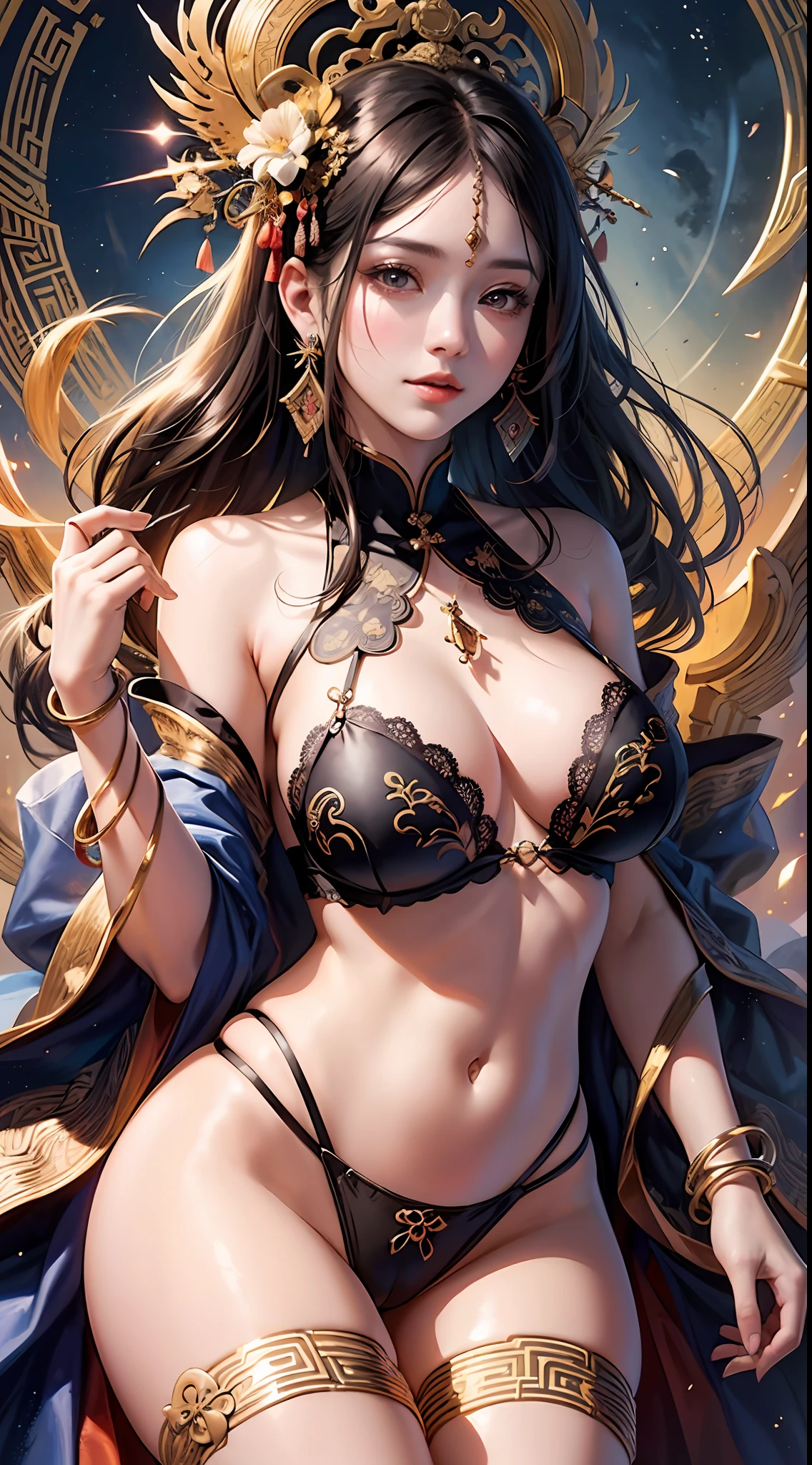 Official Art, Unified 8K Wallpapers, Ultra Detailed, Beautiful and Aesthetic, Masterpiece, Best Quality, (Zentangle, Tangle, Entangle), (fractal art: 1.4), 1girl, black hair, Chinese, off-the-shoulder, lingerie, pink briefs, bumps, calves, navel, very detailed, dynamic angle, cowboyshot, (most beautiful form of chaos), ethereal, (bright colors), oc, (half: 1.2), china, (thangka flying sky: 1.5), (ribbon: 1.3), (dream: 1.5), (hanfu: 1.5), Chinese dragon, Chinese phoenix, (smile: 0.5), ( Chinese deities) --auto --s2