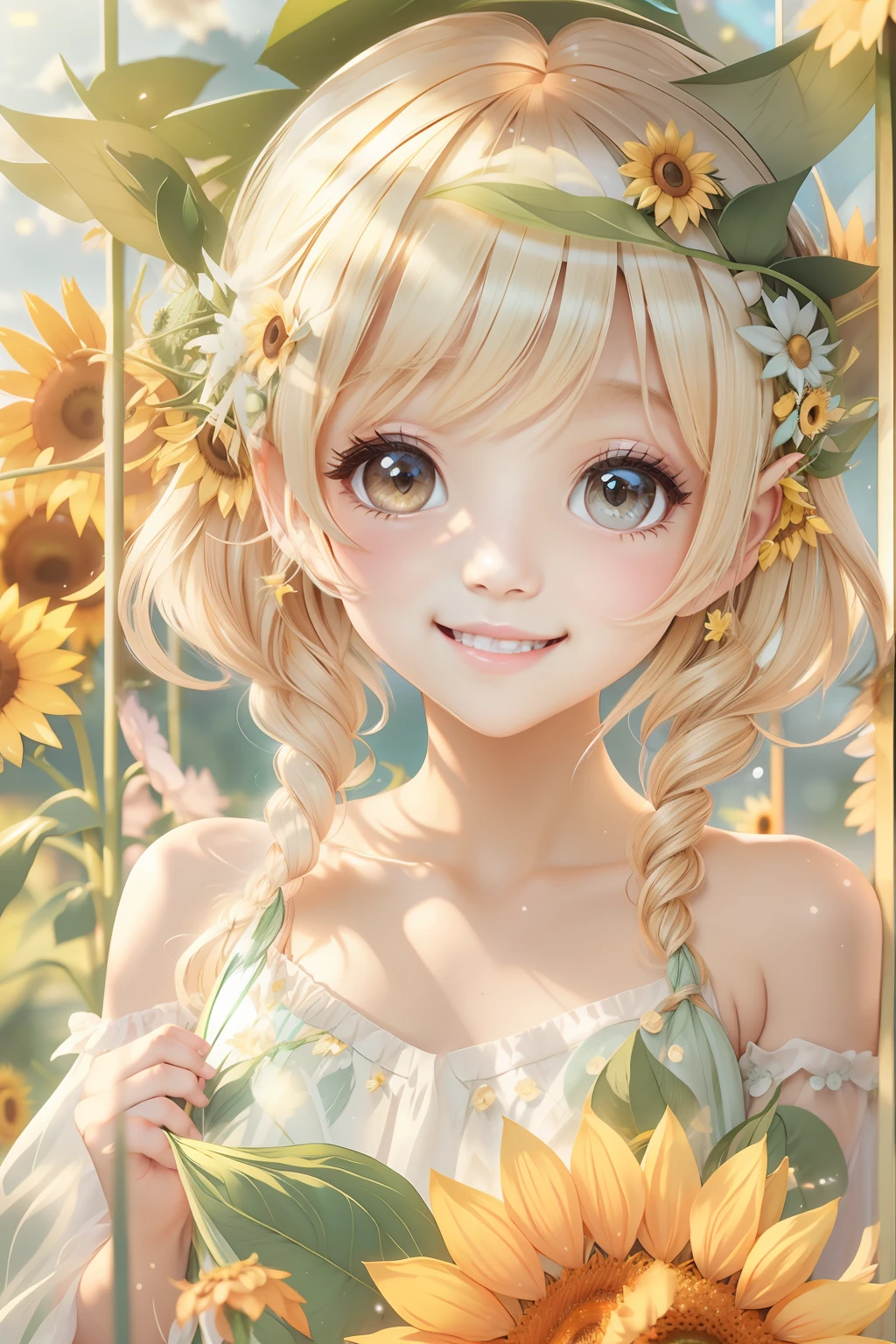 Cute fairy with a sense of transparency、Bright smile、Have fun playing、Beautiful background、Bright background、Sunflower background