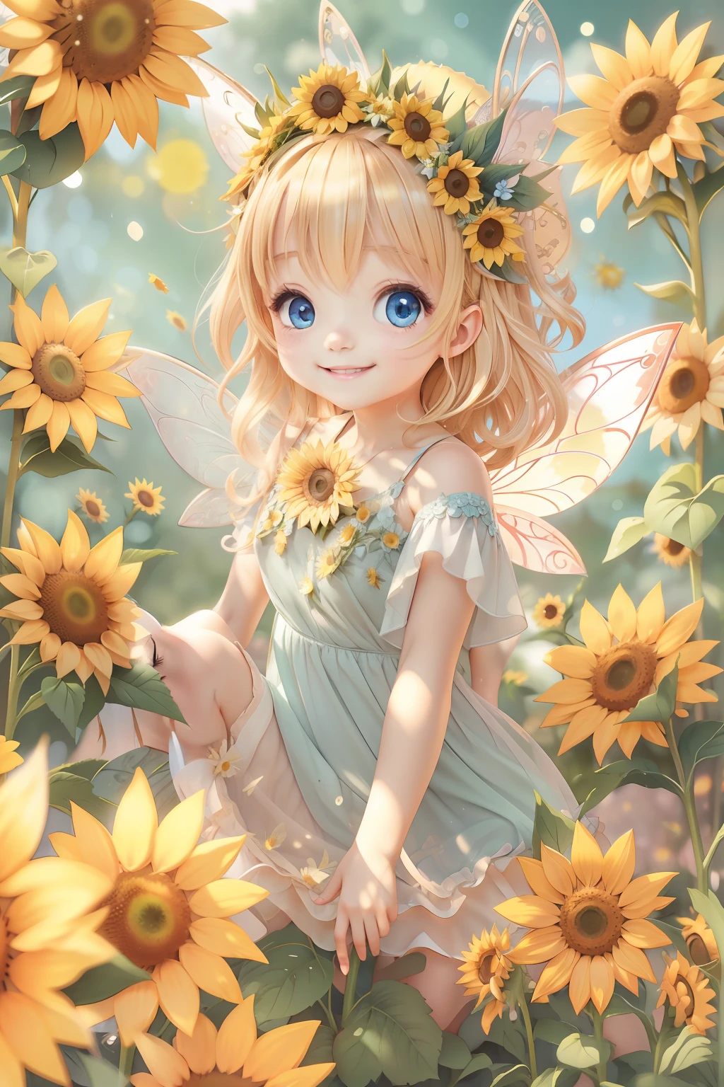 Cute fairy with a sense of transparency、Bright smile、Have fun playing、Beautiful background、Bright background、Sunflower background
