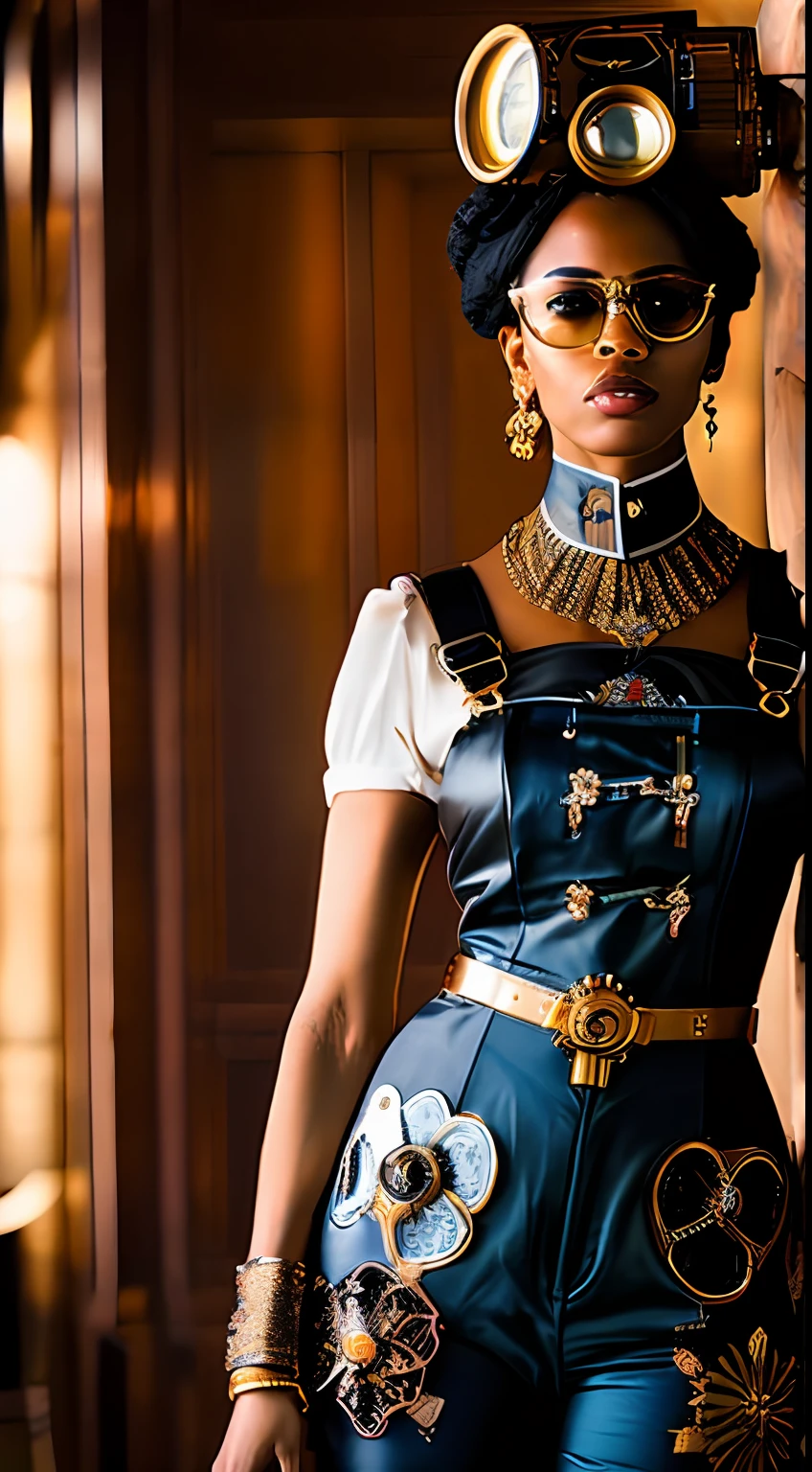 still do filme [Steampunk:Clockpunk:16], foco nos olhos, melhor qualidade, (Victorian-era German woman with dark skin), rosto perfeito, [[maquiagem ornamentada]], (wearing mechanical overalls with opulent gold embroidery), (( Steampunk glasses)), mechanicalparts, well-oiled machine, cota de malha, poses sedutoras, luxurious interior of the mansion [da era vitoriana|Steampunk], Mechanical city, (pele detalhada), [arrepio], [[detalhes imperfeitos da pele]], calafrios, profundidade de campo rasa, natural  lightting, (backlighting:0.7), (film granulation:1.1), fotografado em uma Canon AE-1, lente macro 100mm F/2.8, Fujifilm Fujicolor 800, semelhante a filme, absurdos, (altamente detalhado, detalhadamente detalhado), (meio corpo: 0,9)