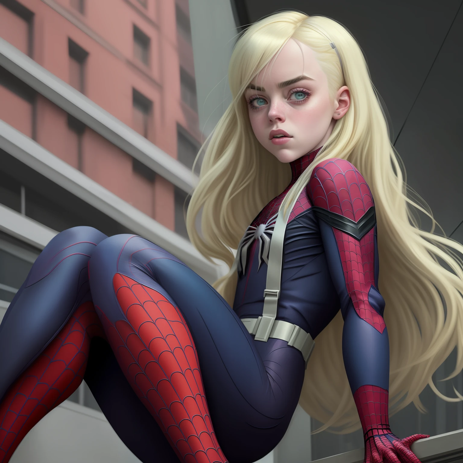 Billie Eilish as Gwen Stacy, Spider-Man's first girlfriend. Focus on your blonde hair