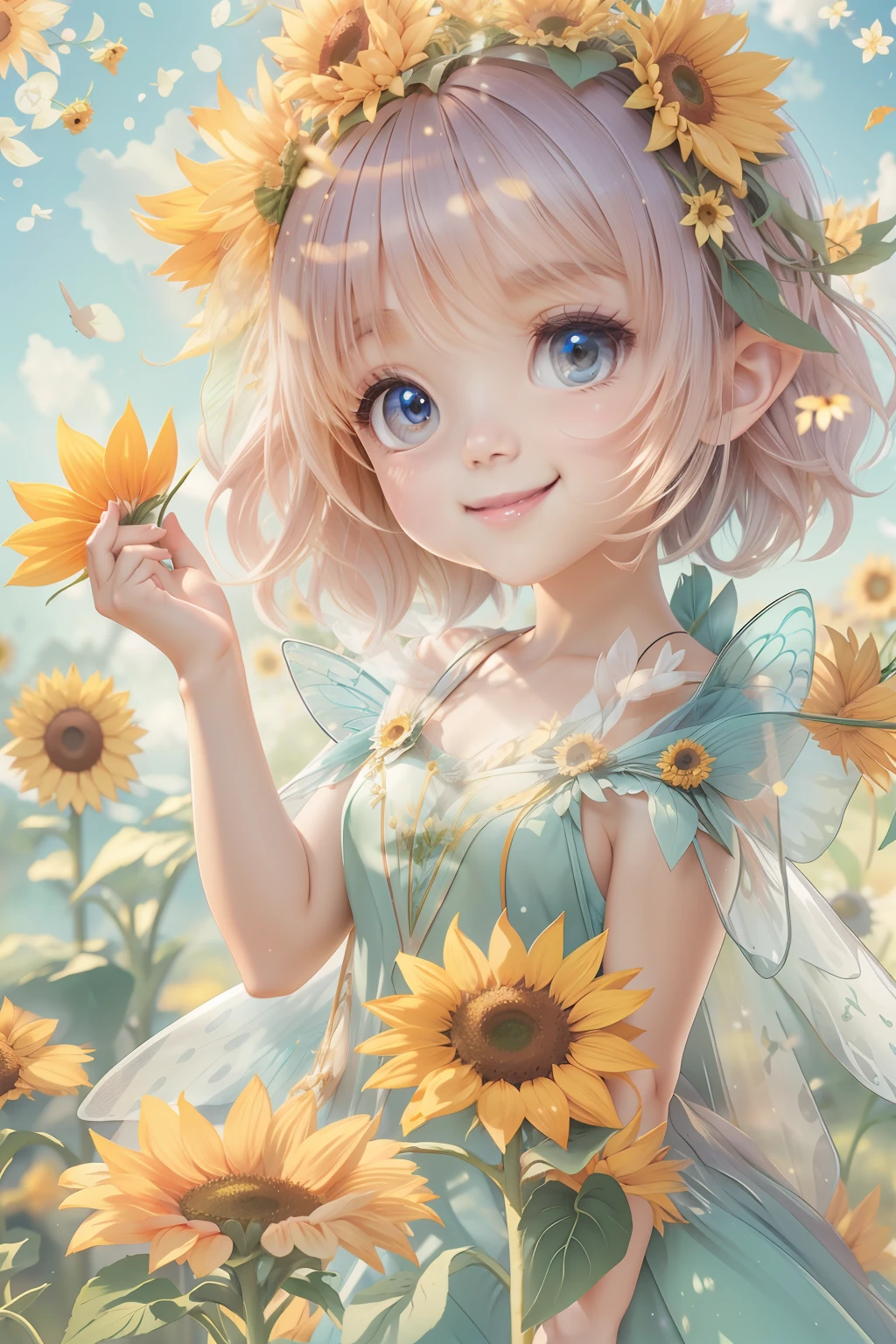 Cute fairy with a sense of transparency、Bright smile、Have fun playing、Beautiful background、Bright background、Sunflower background