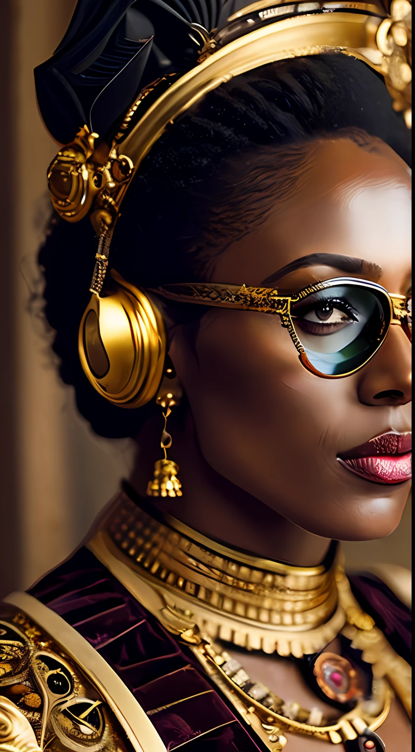 still do filme [Steampunk:Clockpunk:16], foco nos olhos, melhor qualidade, (Victorian-era German woman with dark skin), rosto perfeito, [[maquiagem ornamentada]], (wearing mechanical overalls with opulent gold embroidery), (( Steampunk glasses)), mechanicalparts, well-oiled machine, cota de malha, poses sedutoras, luxurious interior of the mansion [da era vitoriana|Steampunk], Mechanical city, (pele detalhada), [arrepio], [[detalhes imperfeitos da pele]], calafrios, profundidade de campo rasa, natural  lightting, (backlighting:0.7), (film granulation:1.1), fotografado em uma Canon AE-1, lente macro 100mm F/2.8, Fujifilm Fujicolor 800, semelhante a filme, absurdos, (altamente detalhado, detalhadamente detalhado), (meio corpo: 0,9)