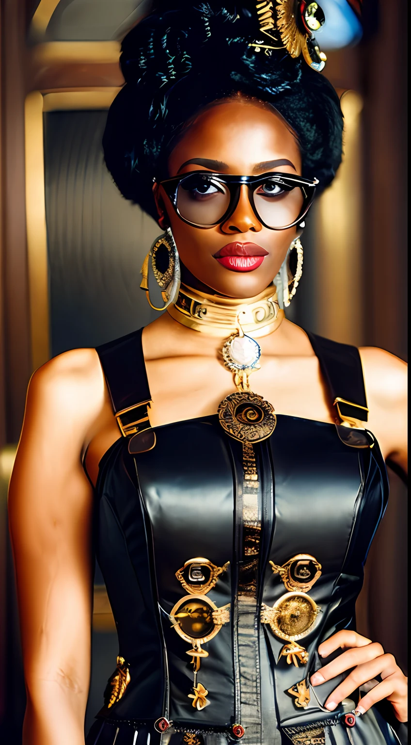still do filme [Steampunk:Clockpunk:16], foco nos olhos, melhor qualidade, (Victorian-era German woman with dark skin), rosto perfeito, [[maquiagem ornamentada]], (wearing mechanical overalls with opulent gold embroidery), (( Steampunk glasses)), mechanicalparts, well-oiled machine, cota de malha, poses sedutoras, luxurious interior of the mansion [da era vitoriana|Steampunk], Mechanical city, (pele detalhada), [arrepio], [[detalhes imperfeitos da pele]], calafrios, profundidade de campo rasa, natural  lightting, (backlighting:0.7), (film granulation:1.1), fotografado em uma Canon AE-1, lente macro 100mm F/2.8, Fujifilm Fujicolor 800, semelhante a filme, absurdos, (altamente detalhado, detalhadamente detalhado), (meio corpo: 0,9)