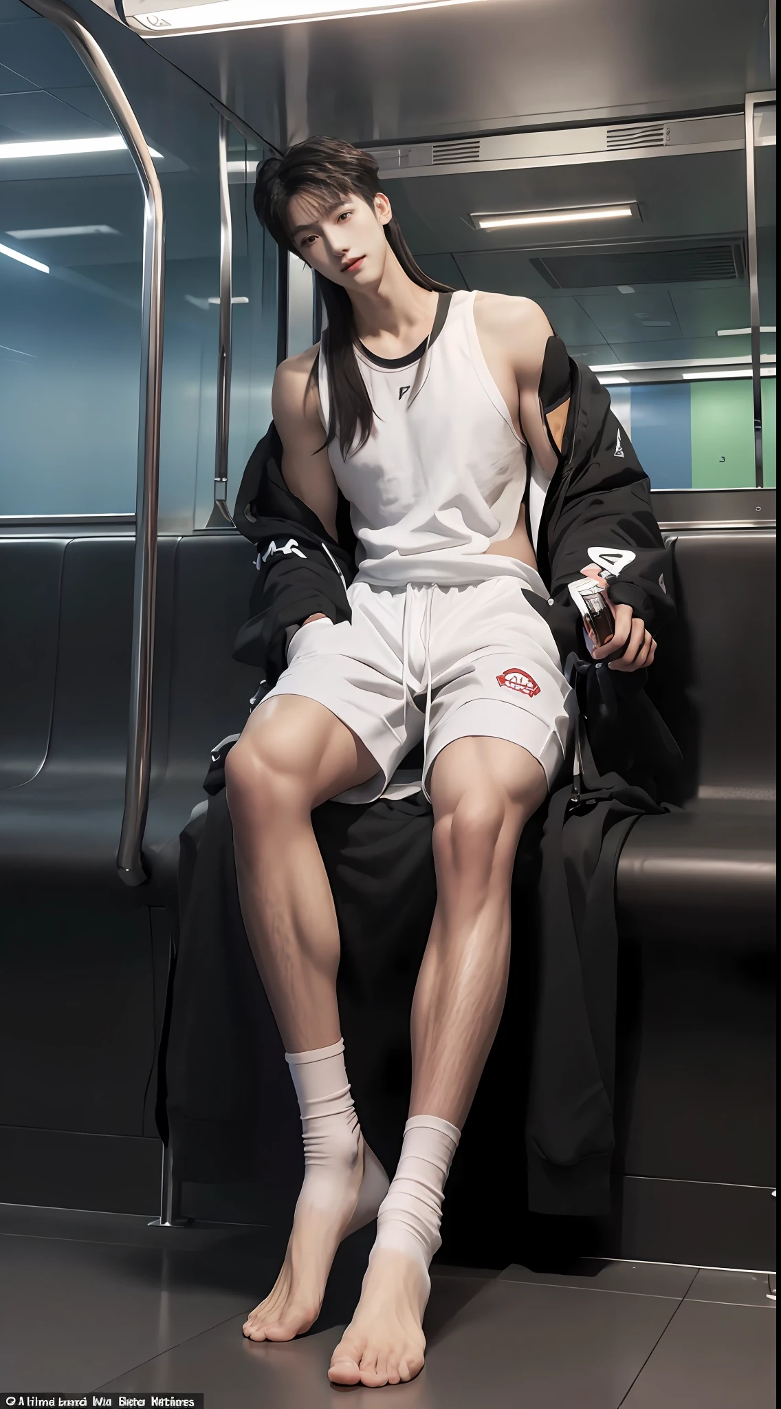(A lovely Shota:2),Solo,(full bodyesbian:3),(Stay away from the lens:3),Expose your legs,revealing the whole body,(Frontal heads-up view:1.2),malefocus,looking at viewert,16 yaers old,(Tall:3),(Tall guy:2),Super tall,(Height 300 cm:2),Excellent body proportions,1.The shoulders are 5 times wider,(Slender slender legs:2.5),Slender feet,small heads,musculous,(Lovely and pretty:2),(The face of an anime man),(Very detailed beautiful face and eyes:2),(Big bright eyes:1.2),Sharp eyeliner,Clear and beautiful face,with short black hair,(Correct facial features),(tilts your head:1.5),(having fun,grinning smile),(Men's sweatshirt:2),(Muscle firming:2),Strong,(Wide shoulders and narrow waist:2.2),Sports men's socks,Detailed muscle texture,Highlights muscle structure,In the subway car,(Sitting down:4),(full length shoot),ultra-realistic realism, (Photorealistic detail), Incredible accuracy, lifelike textures, masterful technique, Jaw-dropping precision, artistic dedication,(anatomy correct),Good lighting,exquisite detailing,Best quality,stunning masterpiece,CG