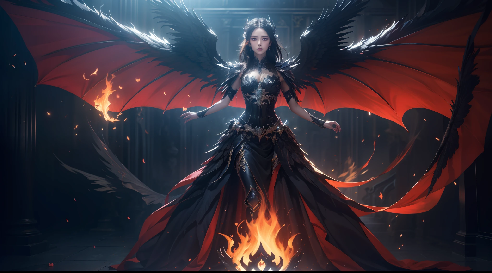(Extremely detailed Cg Unity 8K wallpaper,Masterpiece, Best quality, Ultra-detailed, Beautiful detailed eyes:1.2),Best illumination, (Best shadow, An extremely delicate and beautiful, full bloom),
1girll,Solo,Large breasts，Heavy armor,Long hair,holdingsword,Black wings,(Big wings:1.4),Film filter,satan, Hellfire,full bodyesbian,demon,Flame,chies，dramatics，dynamicposes，illusory engine， (High detail: 1.9)，full body shot shot