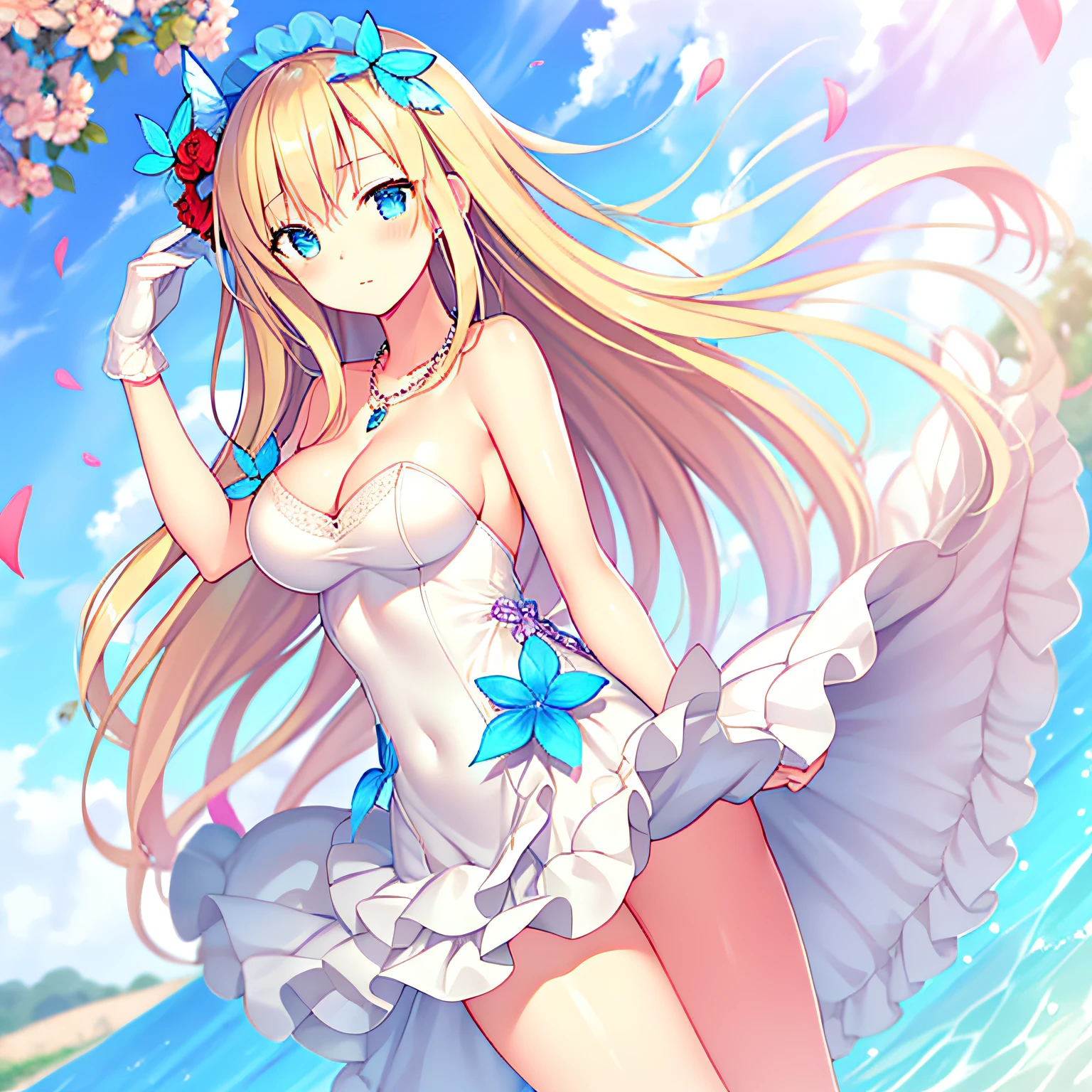 Saratoga (warship girls r),((Masterpiece)), (((Best quality))), ((Ultra-detailed)), ((illustration)), ((Disheveled hair)), ((frilld)), (1 girl), (Solo),alternative costume, Blonde hair, Blue eyes, Blush, Breasts, bugs, Butterfly, cleavage, Clothing, crown, dress, False wings, Female, flower, frill dress, frilld, full bodyesbian, mitts, Headwear, insect, jewelry, Large breasts, Long hair, necklace, Red flower, Red rose, Rose, Short dress, Solo, No shoulder strap, Strapless dress, head gear, White dress, White gloves, Wings,white backgrounid
