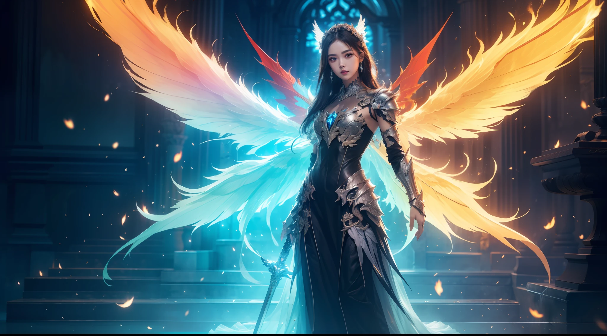 (Extremely detailed Cg Unity 8K wallpaper,Masterpiece, Best quality, Ultra-detailed, Beautiful detailed eyes:1.2),Best illumination, (Best shadow, An extremely delicate and beautiful, full bloom),
1girll,Solo,Large breasts，Heavy armor,Long hair,holdingsword,Black wings,(Big wings:1.4),Film filter,satan, Hellfire,full bodyesbian,demon,Flame,chies，dramatics，dynamicposes，illusory engine， (High detail: 1.9)，full body shot shot