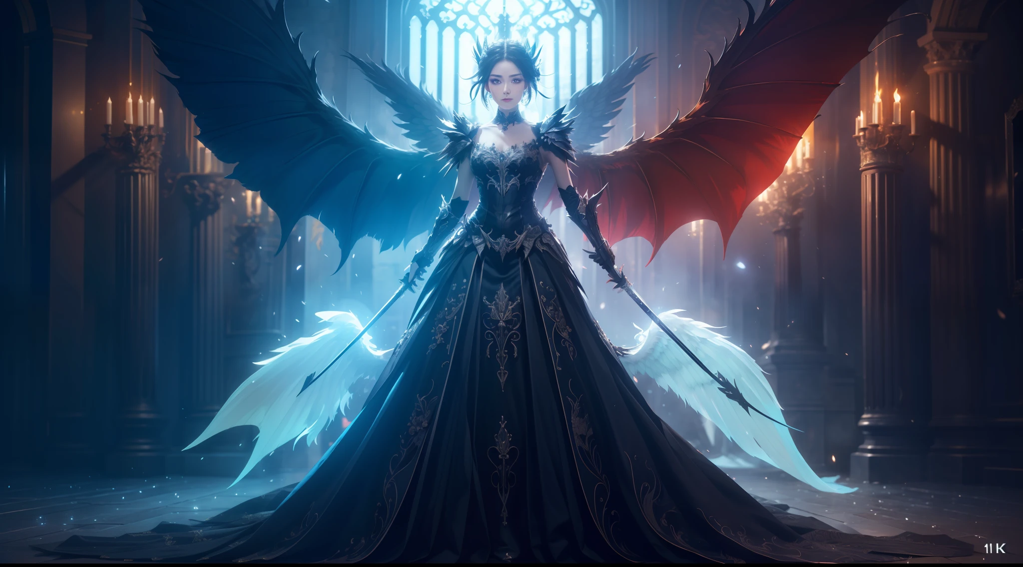 (Extremely detailed Cg Unity 8K wallpaper,Masterpiece, Best quality, Ultra-detailed, Beautiful detailed eyes:1.2),Best illumination, (Best shadow, An extremely delicate and beautiful, full bloom),
1girll,Solo,Large breasts，Heavy armor,Long hair,holdingsword,Black wings,(Big wings:1.4),Film filter,satan, Hellfire,full bodyesbian,demon,Flame,chies，dramatics，dynamicposes，illusory engine， (High detail: 1.9)，full body shot shot
