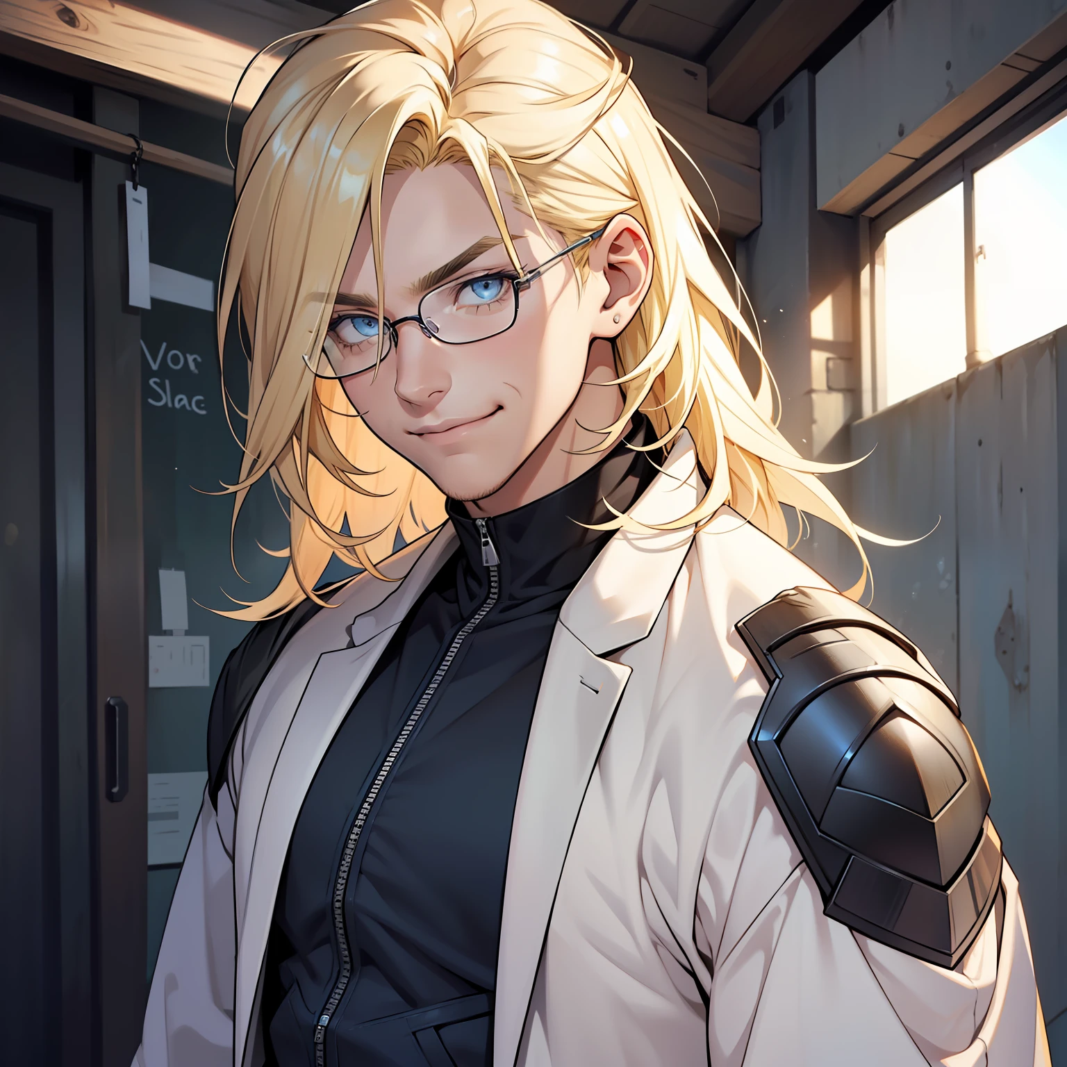 I am a young attractive man with shoulder length blonde hair. My eyebrows are the same color as my hair. I also have pale blue eyes that look like ice. I dress in clothes that fit my frame, nothing too tight or too baggy. And of course I have a sly yet confident smile. Glasses