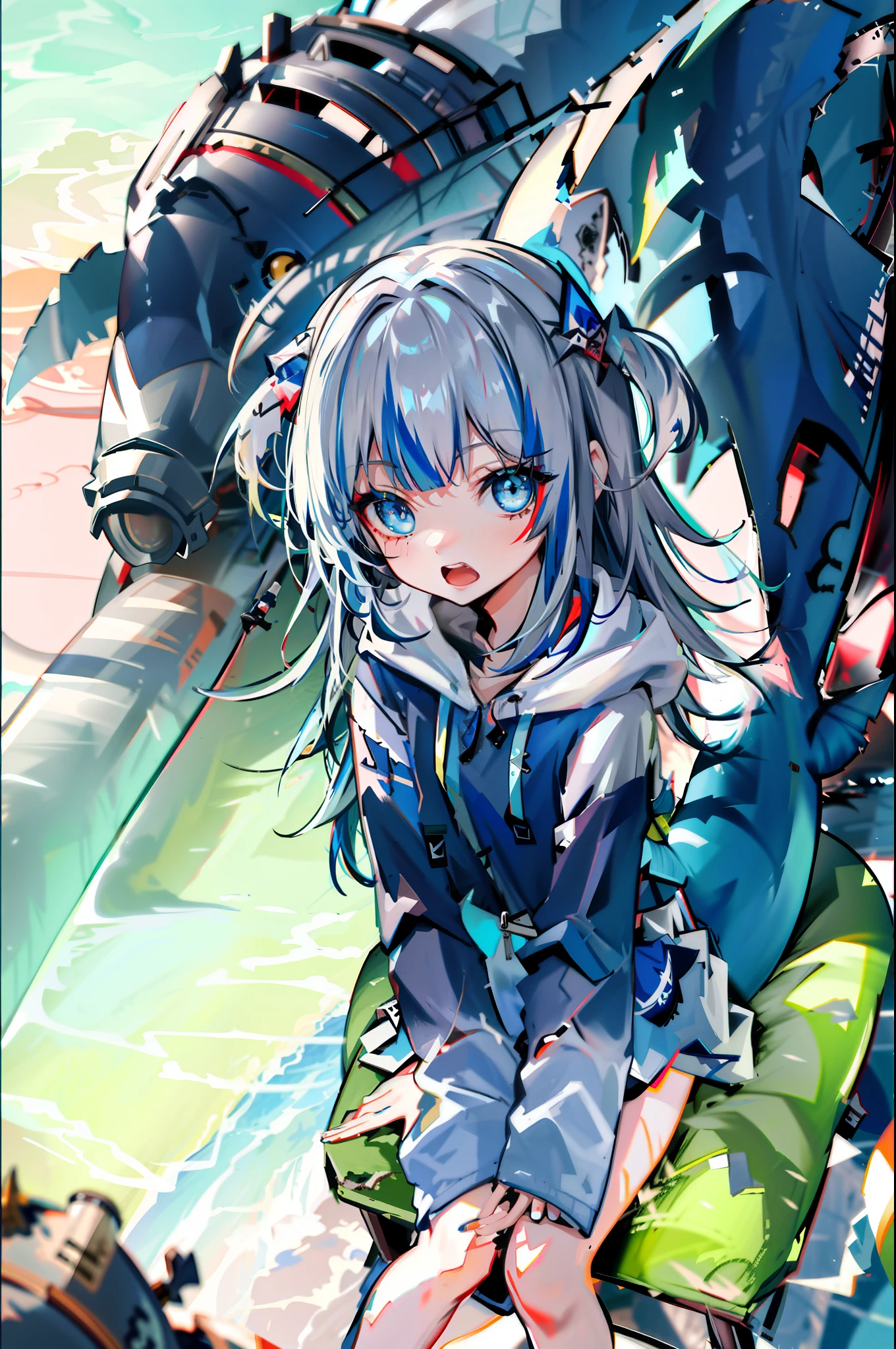 best quality,highly detailed,masterpiece,ultra-detailed,solo,(1girl),Delicate eyes, multicolored_hair, tail, virtual_youtuber, gawr_gura,expressionless, blue_hair, fish_tail, streaked_hair, shark_tail, hoodie, teeth, shark_hair_ornament, blue_eyes, hood, hair_ornament, blunt_bangs, open_mouth, blue_hoodie, solo, two-tone_hair, two_side_up, letterboxed, bangs, long_hair,