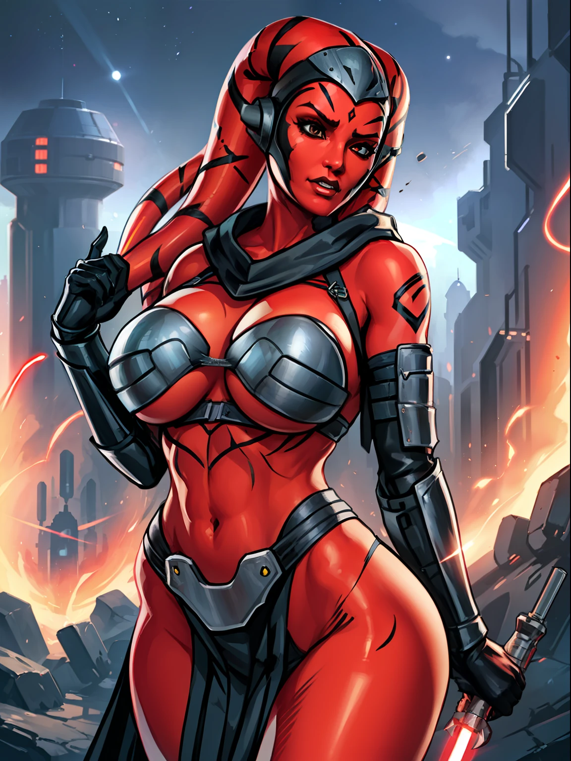 busty, ((red skin), twi'lek), dual red lightsabers, evil space knight, space ninja, (black robes, black stealth armor, breastplate, tunic, tabard, cowl, cloak, body glove, straps, buckles, skirts, long sleeves, fantasy, ((armor))), ((busty), slender body, thin, slim sexy body, slim waist, (((huge breasts)))), Imperial starship, Star Wars,