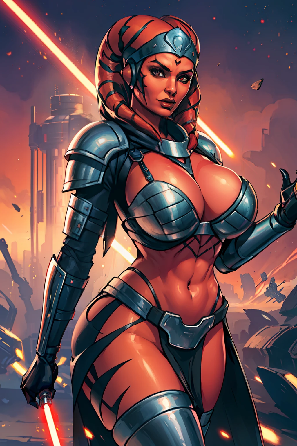 busty, masterpiece, best quality, highly detailed, award winning, high definition, ((red skin), twi'lek), dual red lightsabers, evil space knight, space ninja, (black robes, black stealth armor, breastplate, tunic, tabard, cowl, cloak, body glove, straps, buckles, skirts, long sleeves, fantasy, ((armor))), ((busty), slender body, thin, slim sexy body, slim waist, (((huge breasts)))), Imperial starship, Star Wars,