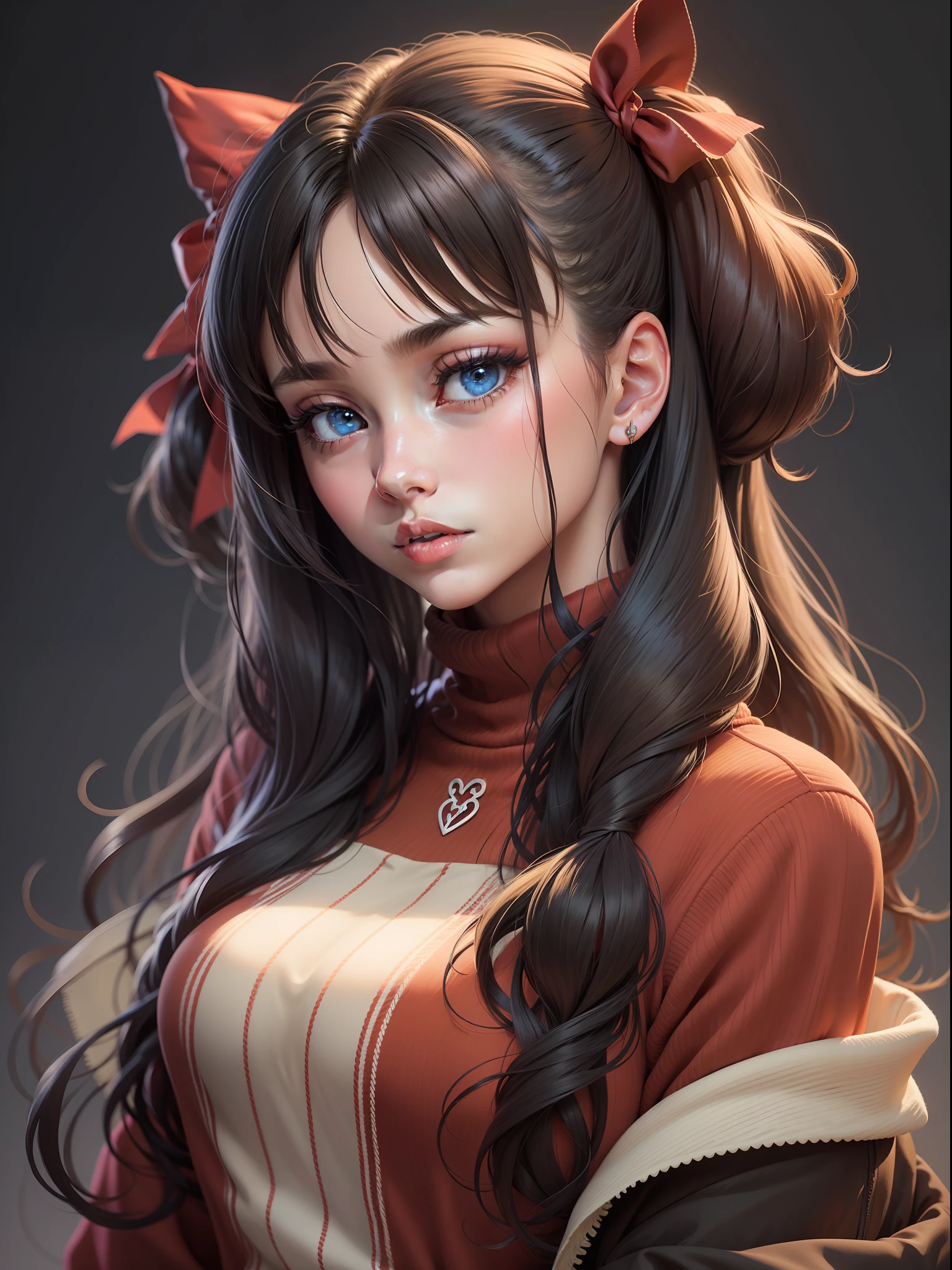 1girl, tohsaka rin, solo, long hair, sweater, red sweater, looking at viewer, blue background, black hair, simple background, two side up, turtleneck, blue eyes, lips, closed mouth, ribbon, hair ribbon, bangs, turtleneck sweater, upper body, parted bangs, black ribbon, ribbed sweater, twintails, nose,