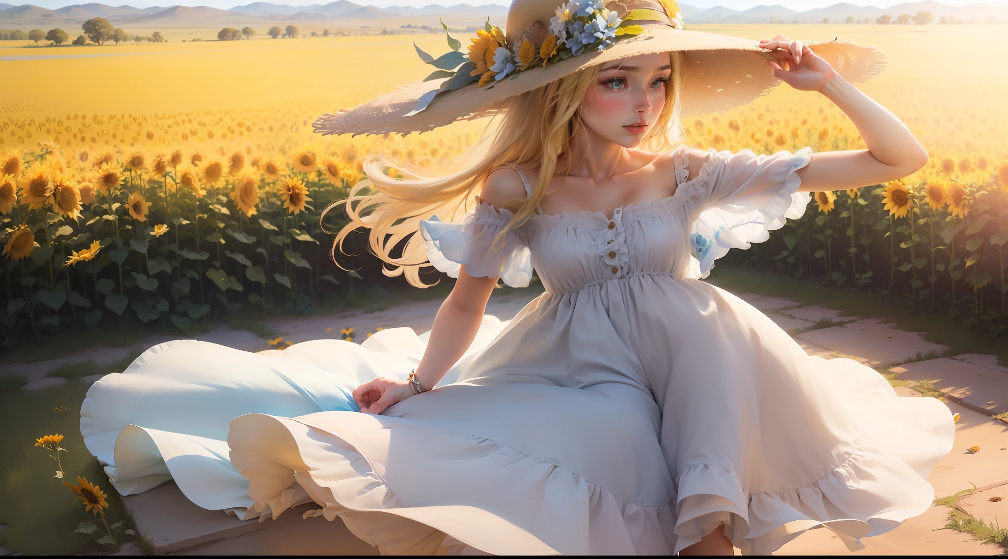 ((An adorable blonde girl with flowers in her hair,estilo Jean baptiste Monge, MARY BLAIR ,Caminando en un campo de GIRASOLES,Ella lleva un vestido blanco con flores multicolores suaves, y un sombrero hecho de paja. The midday sun shines, y el cielo es azul. Hay un granero rojo en el horizonte lejano. )) ((Plein Air por Sergey Kuleshov)) ((oils)) ((Beautiful)) ((sereno)) ((celeste)) ((peaceful)) ((nostalgia)) ((Nostalgic)) ((Obra maestra)) ((mejor)) ((Altamente detallado)) ((4k)) ((pictorial)),destino/Antecedentes de la estancia