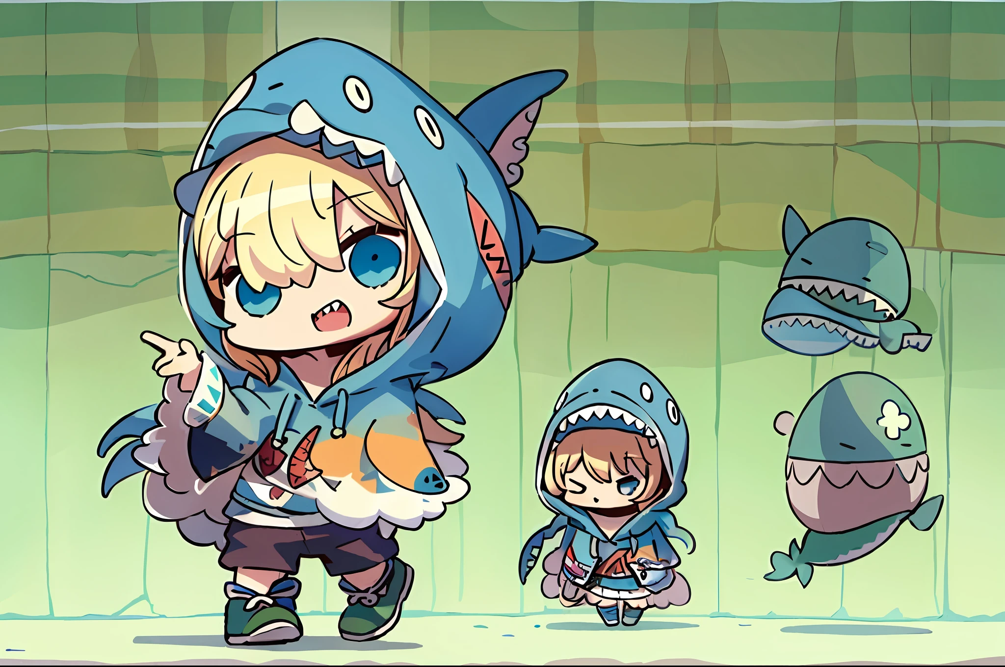 ((masterpiece, best quality)), 1girl, solo, fgoap, chibi, gawr gura, blue hoodie, shark hood，The best picture quality