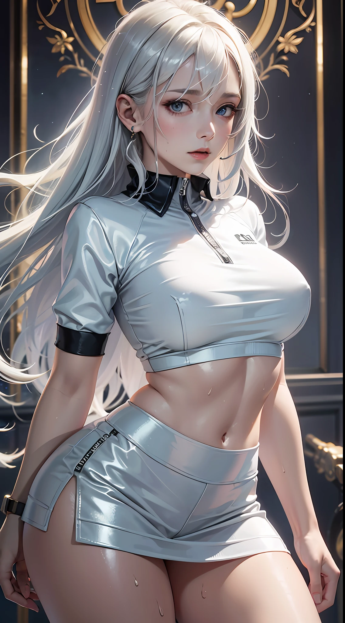 Official Art, Unified 8k Wallpapers, Ultra Detailed, Beautiful and Aesthetic, Masterpiece, Best Quality, (Zentangle, Tangle, Entangle), (Fractal Art: 1.4) Absurd, Masterpiece, Best Quality, Realistic, Ultra Detail, (Shiny Skin, Sweat: 1.4), Slim, Gaze Viewer, 1Girl, Solo, Tennis Wear, White Polo Shirt, White Sneakers, White Miniskirt, Long Hair, Silver Hair, Blue Eyes, (Thick Thighs: 0.5), Dynamic lighting, high resolution, clear focus, depth of field, large breasts --auto --s2