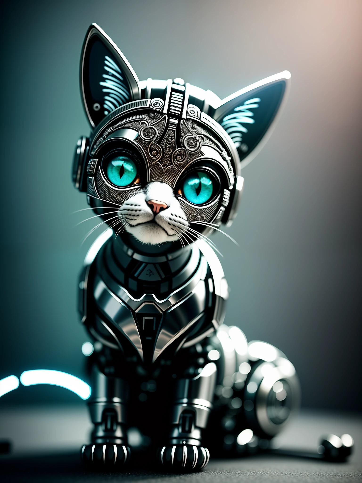 A cute kitten made of metal, (cyborg:1.1), ([tail|detailed wire]:1.3), (intricate detail), hdr, (intricate detail, hyperdetailed:1.2), cine footage, halo shadow, centered
