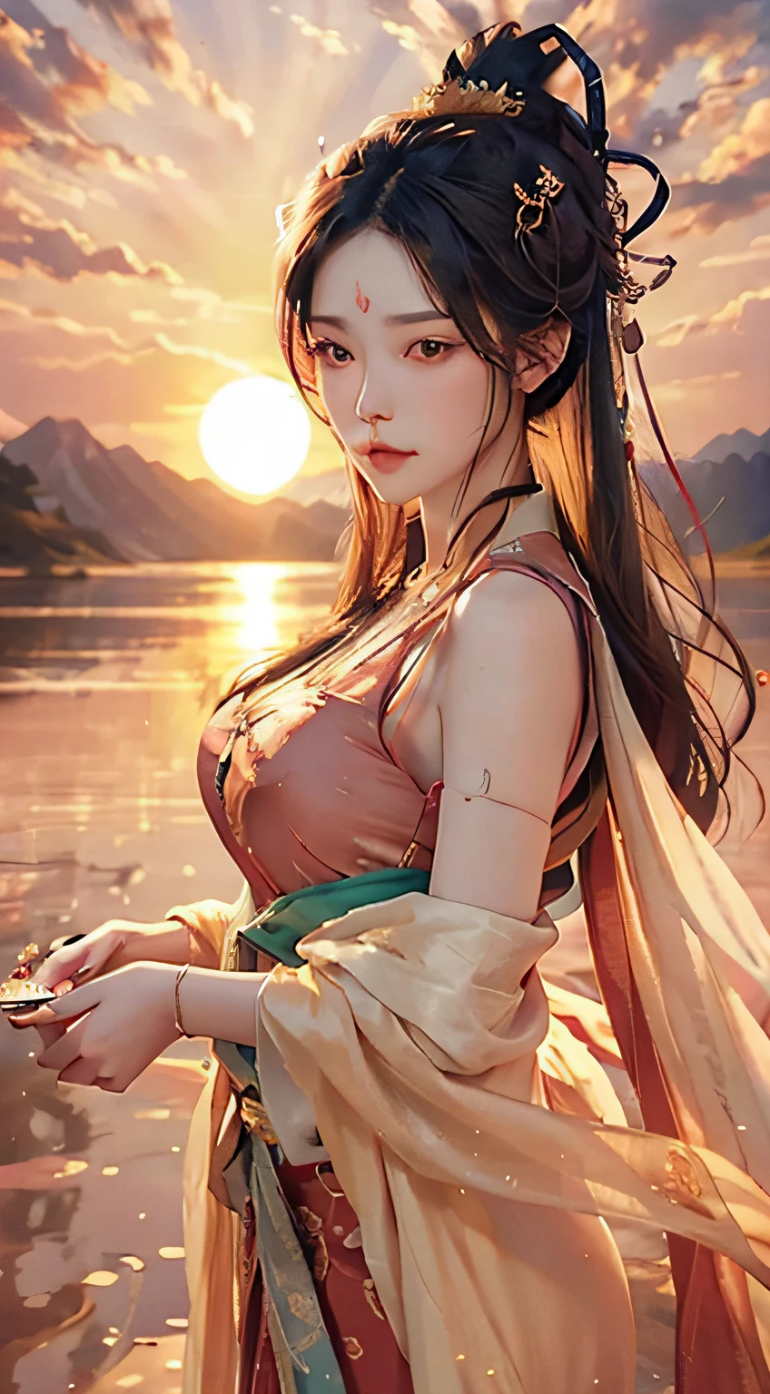 NSFW,(RAW photos,best qualtiy),(realisticlying,photograph realistic:1.3),best qualtiy,highly detailed,tmasterpiece,ultra - detailed,illustratio,1womanl,dynamic angle,Masterpiece Theatre of the World,best qualtiy,the Extremely Detailed CG Unity 8K Wallpapers,cinmatic lighting,lens_flare,primitive,s the perfect face,delicated face,eye detailed,Milky skin,Dusk background(Red sunset,1.5),(Ancient Chinese woman,1.5),Gentle and mature,Draped with hair,(River side,1.5),(Original clothes,1.5),(Simple hairstyle,1.5),(The background is empty,1.5),The upper part of the body, (Ancient Chinese mythology,1.5),a warm color palette,sunflare,soft shade,vivd colour,painterly effect,Fantastical Atmosphere,Scenic lake,mountains in the distant,willowy,Calm water,inverted image,Sun-drenched clouds,tranquil ambiance,Idyllic sunsets,
