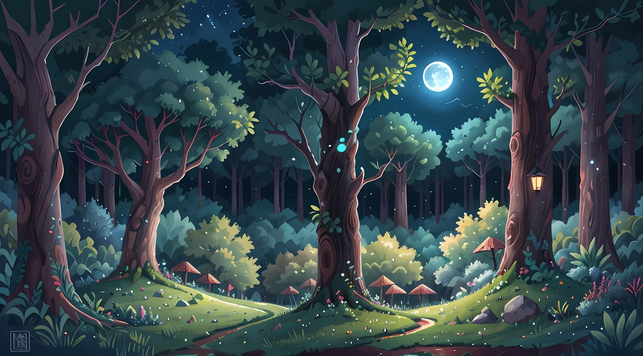 floresta a noite, few trees in the foreground, estilo desenho animado, pintura livro ilustrado infantil, moon on the sky, detalhes intricados, escuro, night  sky