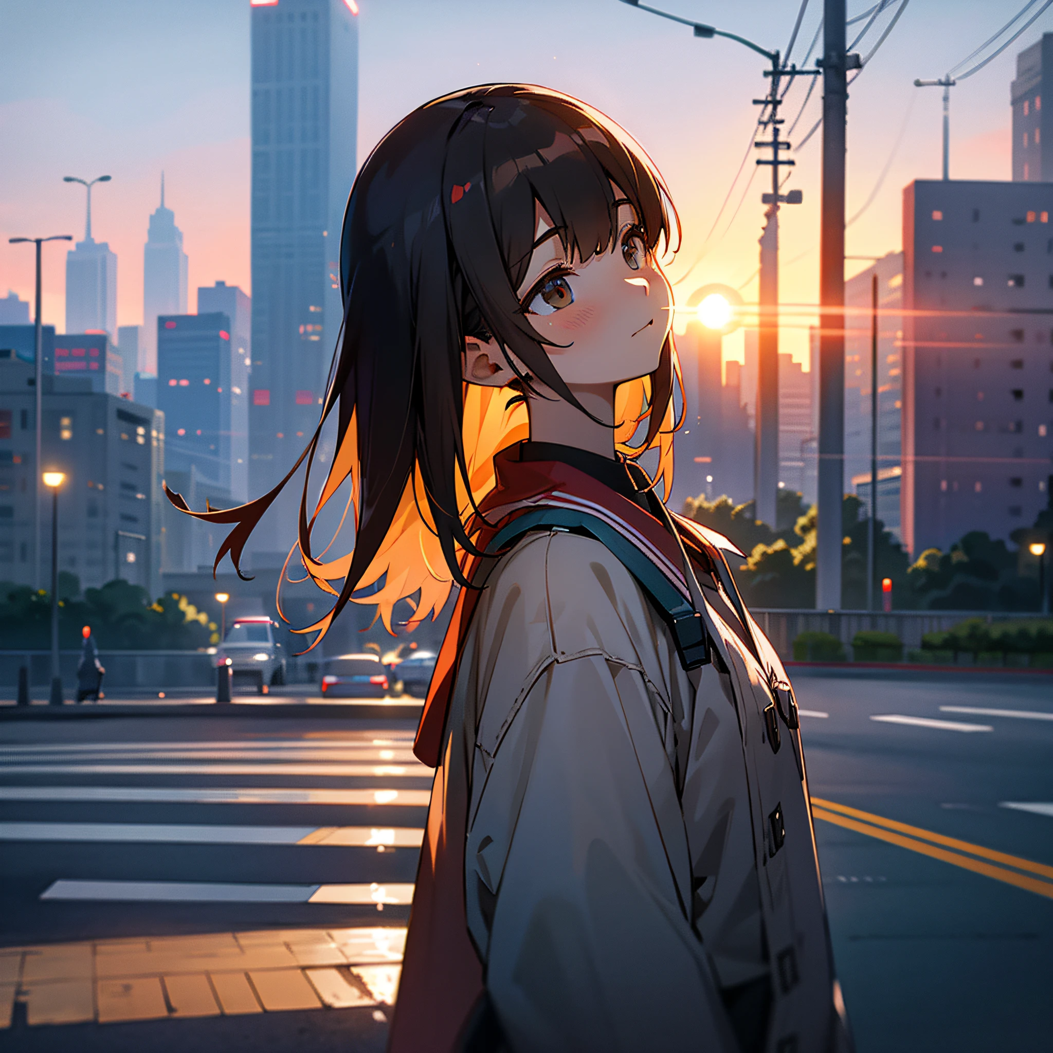 setting sun,城市,Heavy traffic,In the middle there was a ager looking up into the distance,(rendering:1.6)