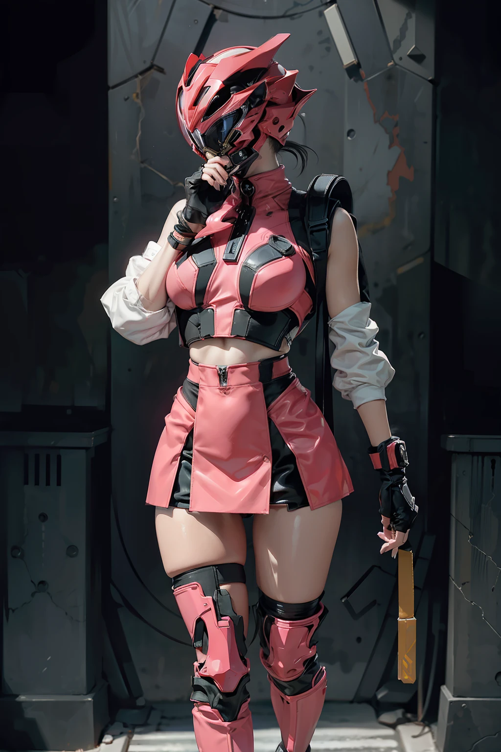((power ranger))、One lady、独奏、slim figure、Mask、 Light pink cybersuit、thin outfits with a tight body,,Long leather gloves、Wearing a full-face helmet、 ((a miniskirt)),Pink stockings、 (Full body suit that does not expose skin), (Full face helmet to hide the face),Shiny thin clothes、Full body suit made of nylon material、Fuku that adheres closely to the body