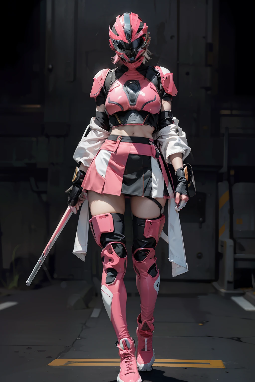 ((power ranger))、One lady、独奏、slim figure、Mask、 Light pink cybersuit、Thin outfit with a tight body,Long leather gloves、Wearing a full-face helmet、 ((a miniskirt)),Wearing pink tights under her skirt、 (Full body suit that does not expose skin), (Full face helmet to hide the face),Shiny thin clothes、Full body suit made of nylon material、Fuku that adheres closely to the body