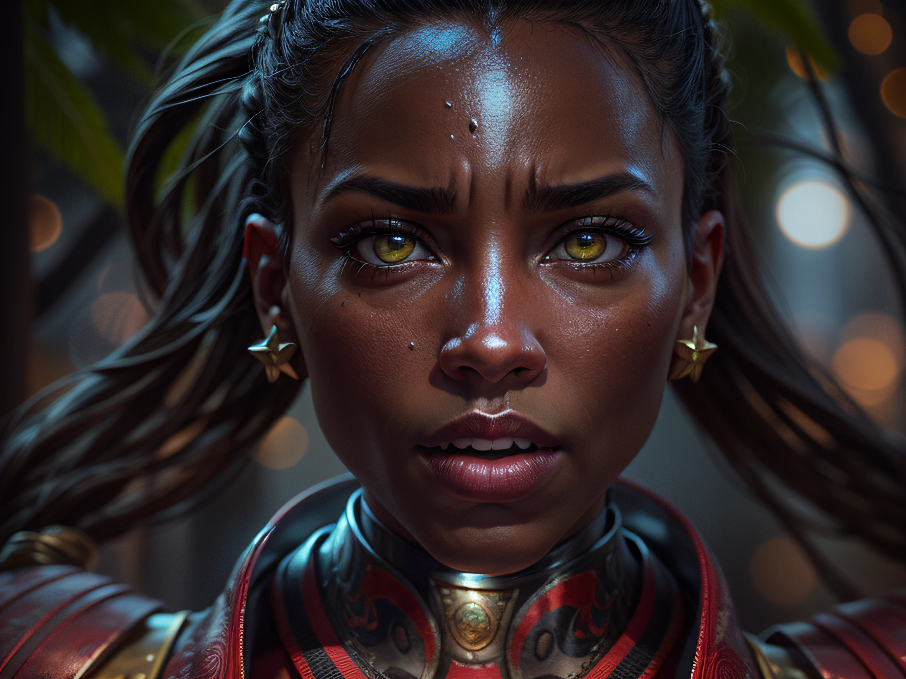 Close a powerful threat, The imposing appearance of a beautiful and powerful warrior Dora Milaje in a combat pose, menacing stare, ricamente detalhada, Incredibly well braided long hair with bright lights, Hiper realista, black skin like shiny oil, mulher muito linda, corpo espetacular, Mulher curivilinea, 3D-rendering, obra-prima, NVIDIA, RTX, ray-traced, Bokeh, Night sky with a huge, Lua cheia bonita em uma floresta reluzente, estrelas brilhando, 8k, night  sky, Lua cheia imensa,