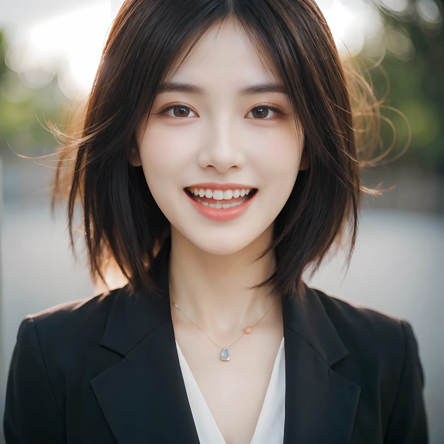 Dressed, (photographrealistic:1.4), (Hyper realistic:1.4), (Realistic:1.3), (Smoother lighting:1.05), (increase cinematic lighting quality:0.9), 32K, 1girl in,25-years old, Realistic lighting, Backlighting, Light on Face, raytrace, (Brightening light:1.2), (Increase quality:1.4), (Top quality real texture skins:1.4), finely detailed eyes, finerly detailed face, (tired and sleepy and joy:0), (Laugh:1.4), Black Suit,a necklace, (Increase body line mood:1.1), (Increase the beauty of skin texture:1.1)