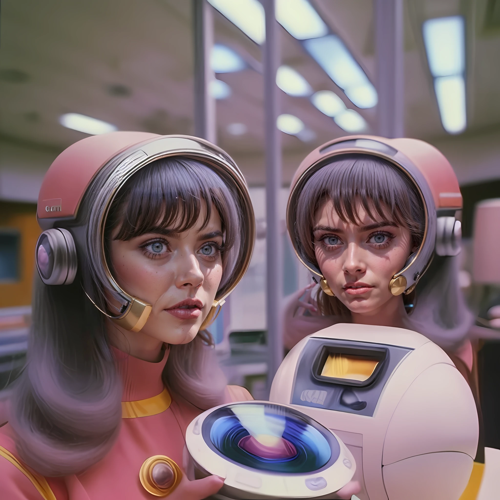 4k image from a 1960s science fiction film by Wes Anderson, Filme O Grande Hotel Budapeste, pastels colors, Young people wearing retrofuturistic alien glasses and holding colorful suitcases and chests on the bus, Retro-futuristic fashion clothes from the 60s with old robots, Luz Natural, Psicodelia, futurista estranho, retro-futurista, photo-realistic, Sharp background details.