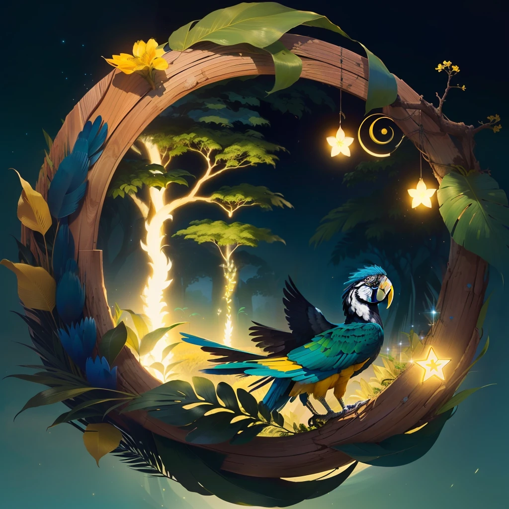 logo features a circle representing the Earth, sendo metade dele nas cores verde e amarelo, simbolizando a rica flora brasileira. The other half is in blue and white colors, representando os rios, Oceans and the sky of the country.In the center of the circle, There is a stylized representation of a blue macaw, One of the most iconic birds of the Brazilian fauna. Its wings extend around the circle, embracing the flora and natural environment of Brazil.Around the outside of the circle, There are leaves of different tropical plants, como palmeiras, representando a diversidade da flora brasileira. These leaves form an ornamental pattern that evokes the richness and exuberance of Brazil's nature.As cores verde, amarelo, azul e branco refletem as cores da bandeira brasileira, uniting the logo to the country and its national identity.The logo seeks to convey the message that the operating system is native and connected to the nature of Brazil, in addition to emphasizing the diversity and beauty of the Brazilian flora and fauna.