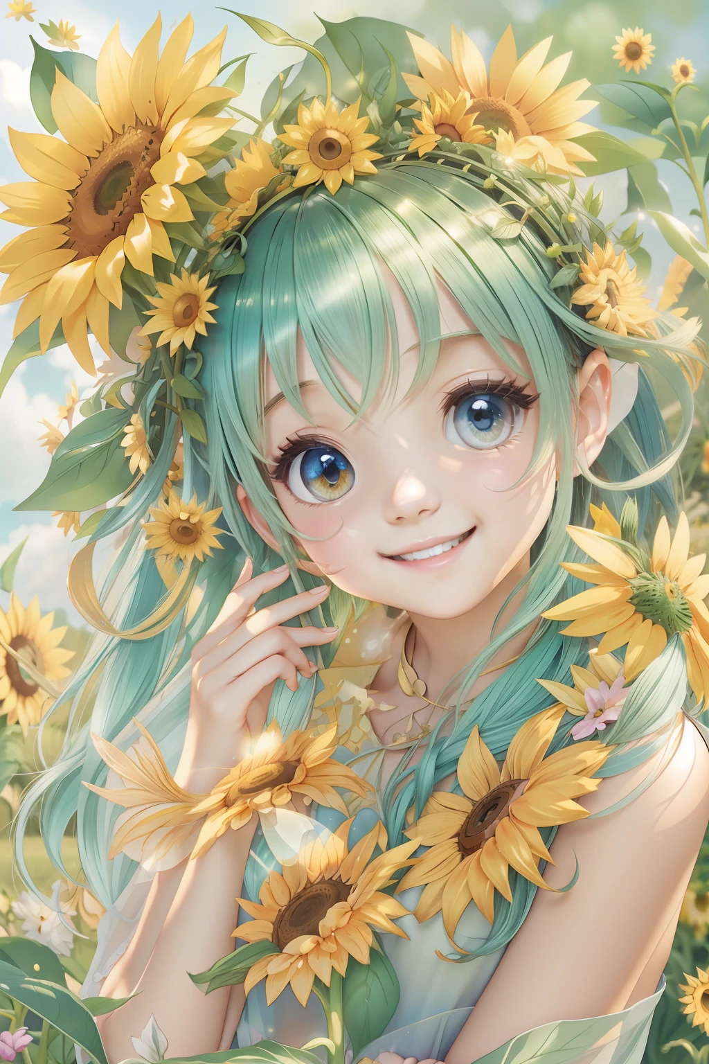 Cute fairy with a sense of transparency、Bright smile、Have fun playing、Beautiful background、Bright background、Sunflower background