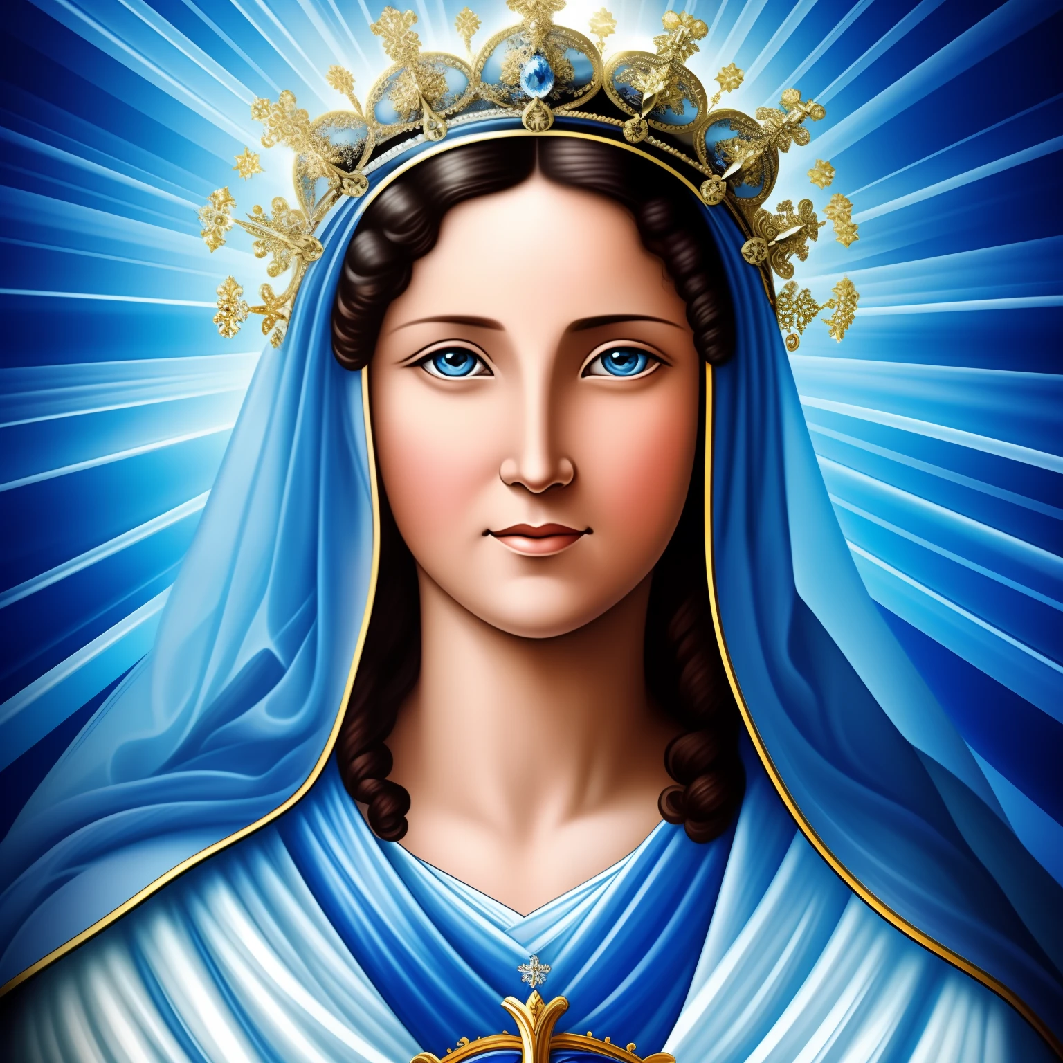 Virgem Maria, Blessed Mother, Mulher de 45 anos, mother of Jesus, Cabelo pretos, japonesa, olhando para frente, blue veil, Crown of light on the head, imagem perfeita, vestido de azul