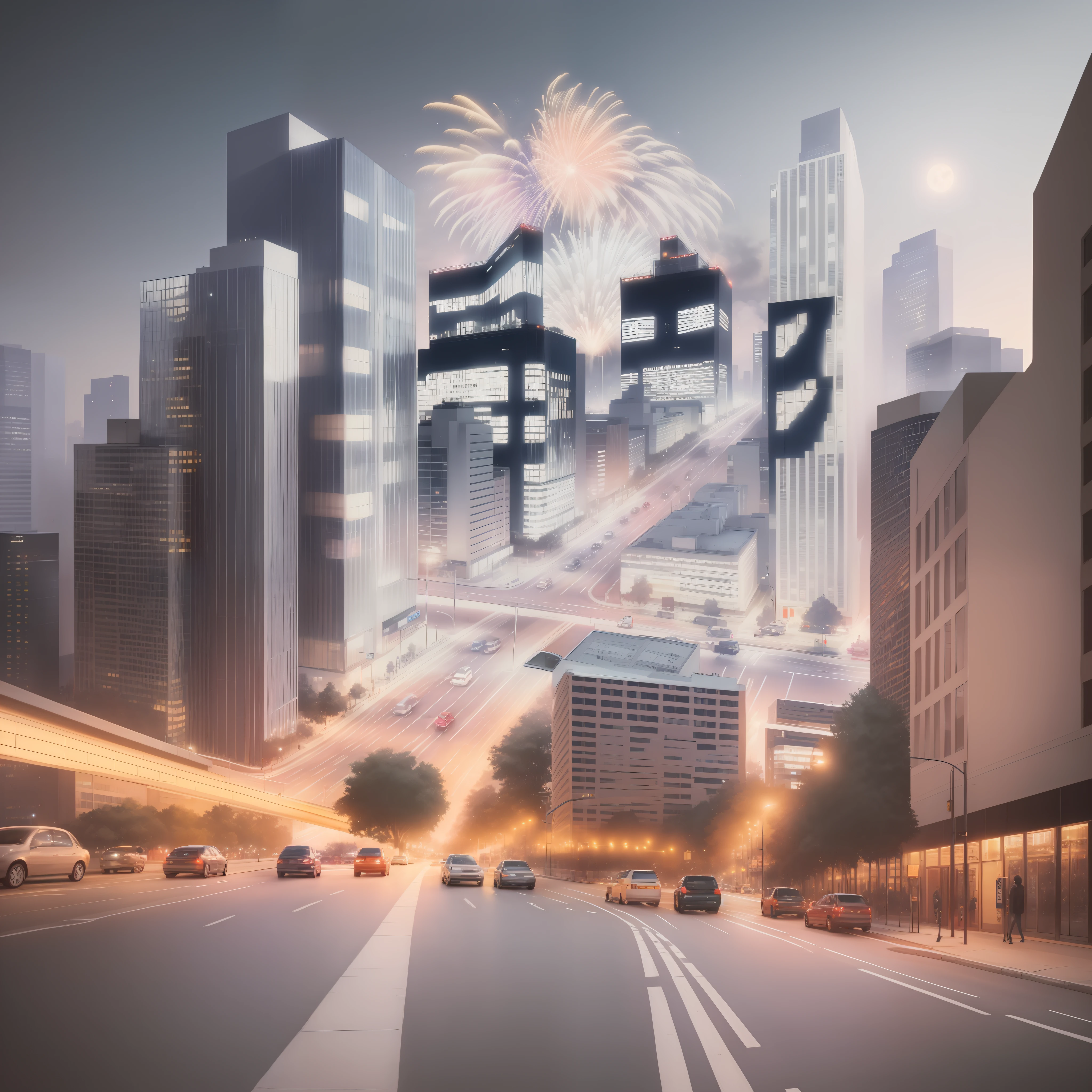 urban nightscape, streets, traffic, lights, high-rise buildings, fireworks, moonlight, masterpiece photos, lifelike, wide-angle lens