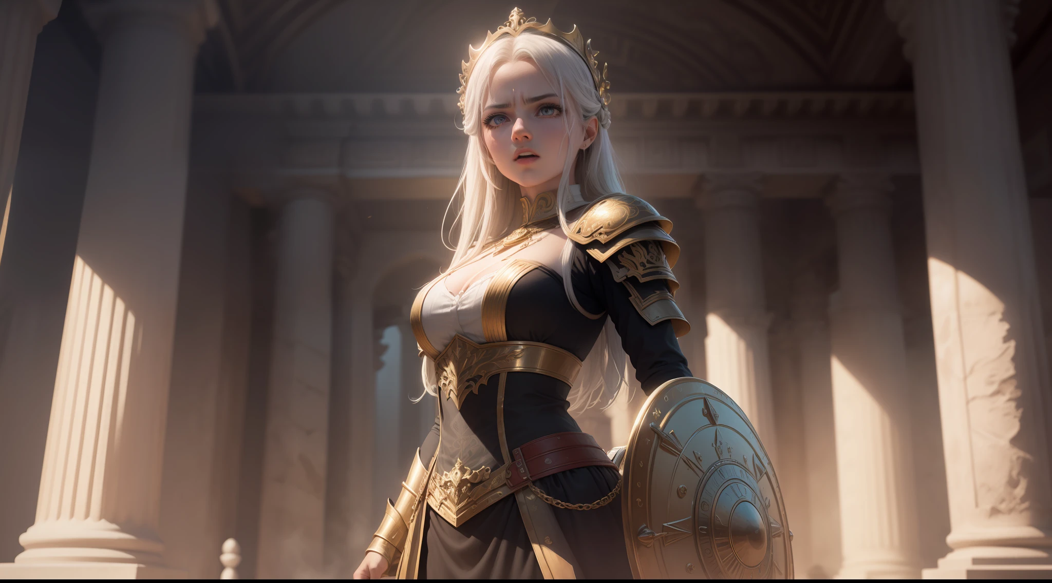 (Extremely detailed Cg Unity 8K wallpaper,Masterpiece, Best quality, Ultra-detailed, Beautiful detailed eyes:1.2),Best illumination, (Best shadow, An extremely delicate and beautiful, full bloom),
1girll,Solo,Large breasts，ornate gold armor，complex patterns，Long hair,Holding a shield,Film filter, Hellfire,full bodyesbian,demon,Flame,Greek temple，dramatics，dynamicposes，illusory engine， (High detail: 1.9)，photorealestic