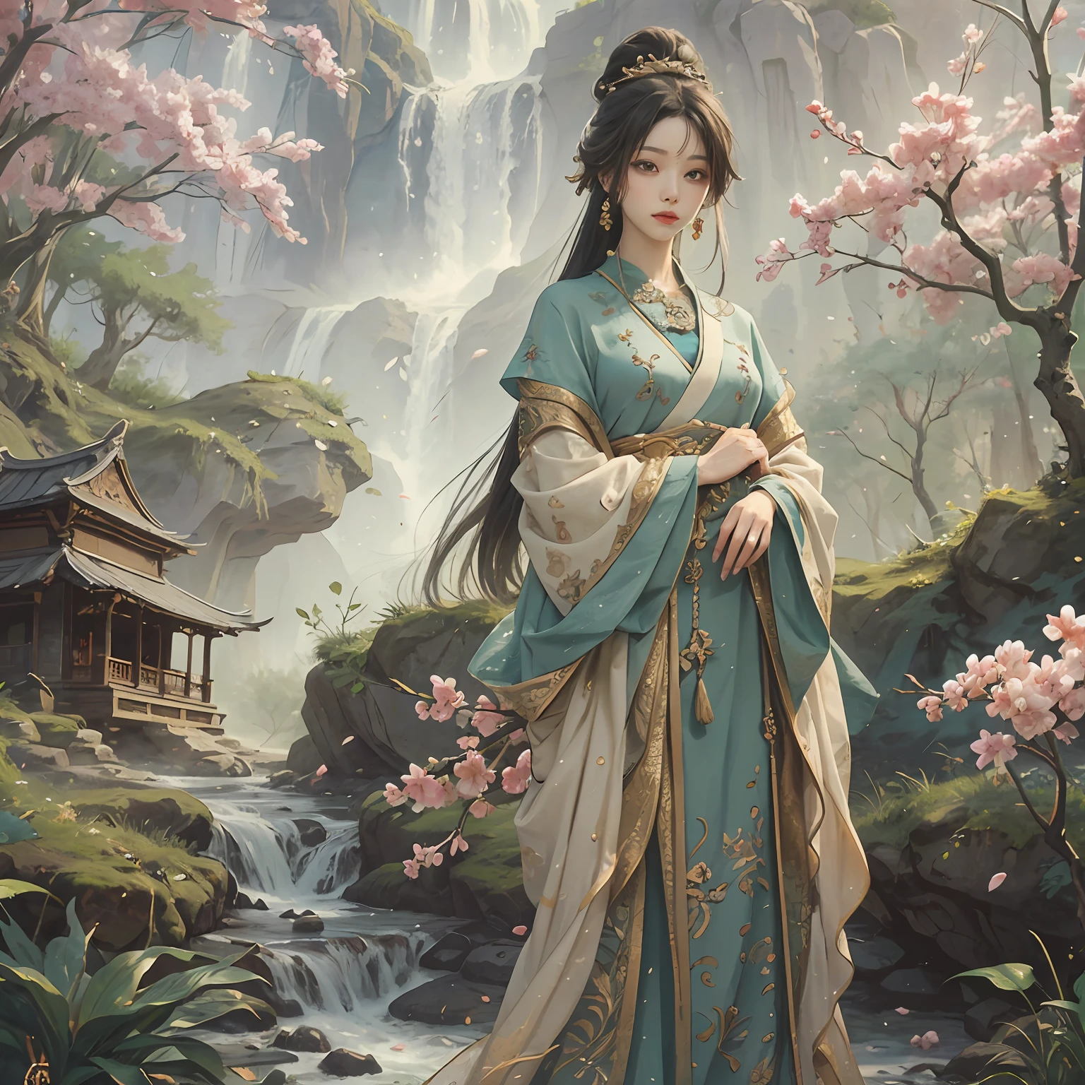 “masterpiece,Best picture quality,Ancient clothing and hairstyles with precise details,Gorgeous accessories,Jade jewelry,Extreme art,8k ultra high definition。"Background:the trees,blossoms,waterfallr,Pavilions