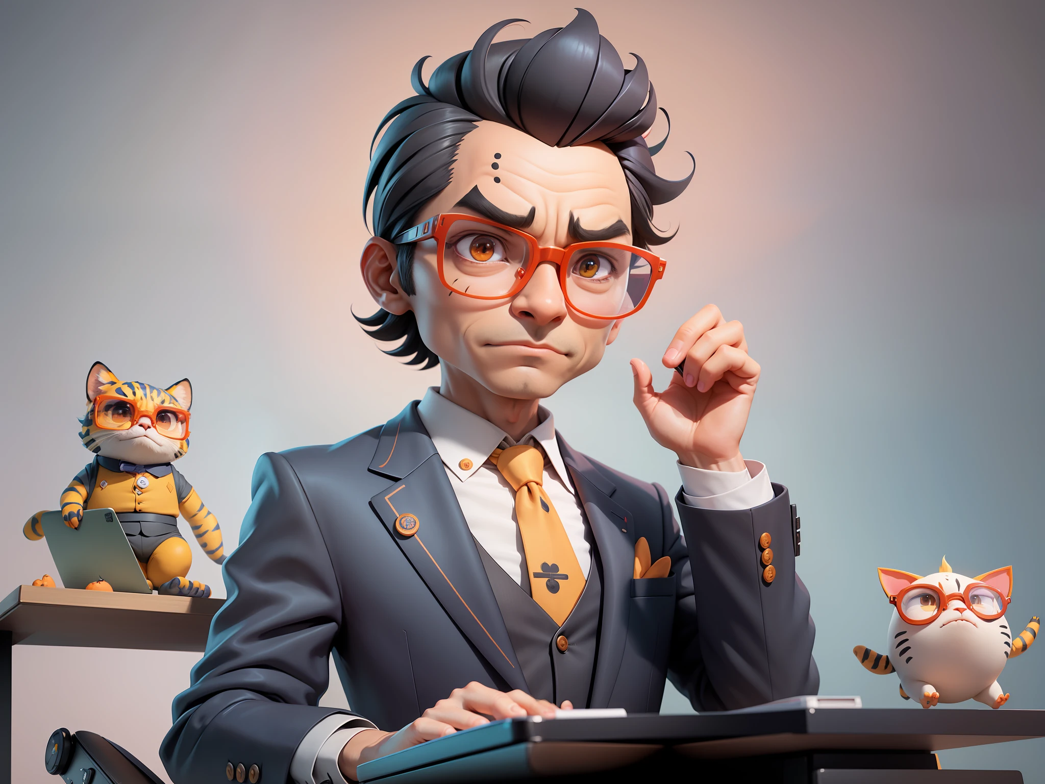 A young man in a suit, Short hair and glasses sat at his desk,holding laptop,digitial painting,tigre,3D character design by Mark Clairen and Pixar and Hayao Miyazaki and Akira Toriyama,4K HD illustration,Very detailed facial features and cartoon-style visuals。