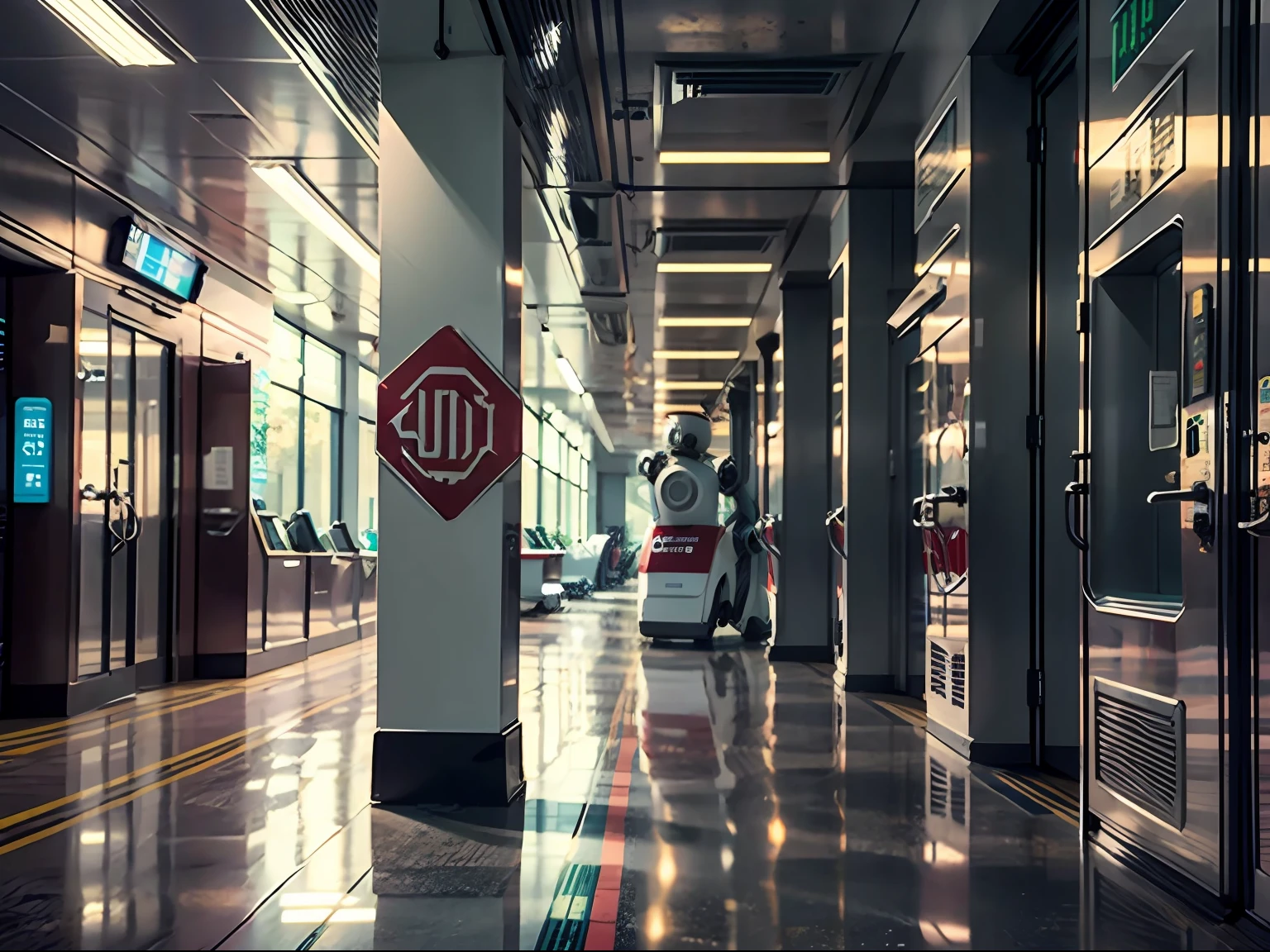 Future Bank Work Hall，ICBC is written in red on the background wall，There are four smart business processors in a row in the room，There is a robot attendant in the hall，The most quality realism presented in modern 8K