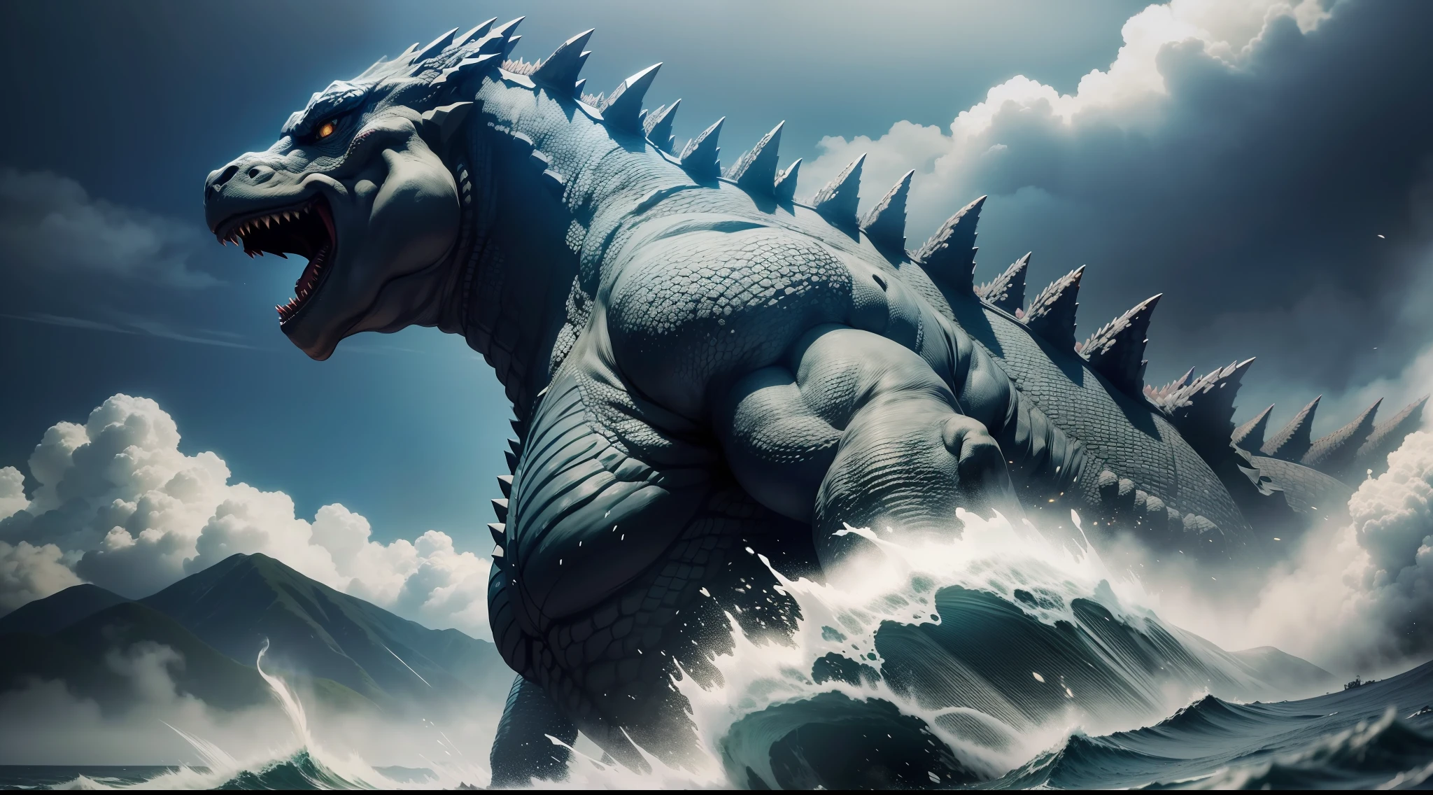 Godzilla like a dragon、Dignified, Dignified and sharp face、Dynamic、Dynamism、Fly over Yakushima、Photorealism Based Details Widget 1.3、Ultra-detailed depiction、Cinematic shots with HDR effect、Vignette and center screen、Generate in automatic mode