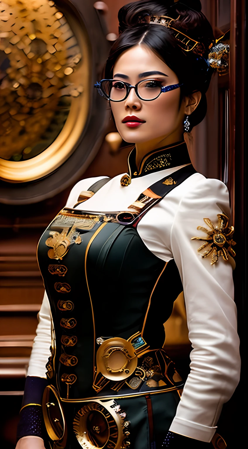 still do filme [Steampunk:Clockpunk:16], foco nos olhos, melhor qualidade, (mulher chinesa da era vitoriana com pele clara), rosto perfeito, [[maquiagem ornamentada]], (wearing mechanical overalls with opulent gold embroidery), (( Steampunk glasses)), mechanicalparts, well-oiled machine, cota de malha, poses sedutoras, luxurious interior of the mansion [da era vitoriana|Steampunk], Mechanical city, (pele detalhada), [arrepio], [[detalhes imperfeitos da pele]], calafrios, profundidade de campo rasa, natural  lightting, (backlighting:0.7), (film granulation:1.1), fotografado em uma Canon AE-1, lente macro 100mm F/2.8, Fujifilm Fujicolor 800, semelhante a filme, absurdos, (altamente detalhado, detalhadamente detalhado), (meio corpo: 0,9)