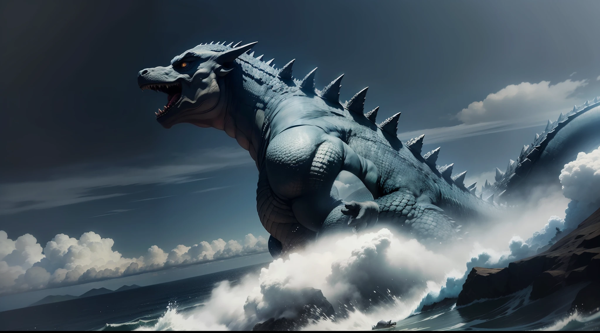 Godzilla like a dragon、Dignified, Dignified and sharp face、Dynamic、Dynamism、Fly over Yakushima、Photorealism Based Details Widget 1.3、Ultra-detailed depiction、Cinematic shots with HDR effect、Vignette and center screen、Generate in automatic mode