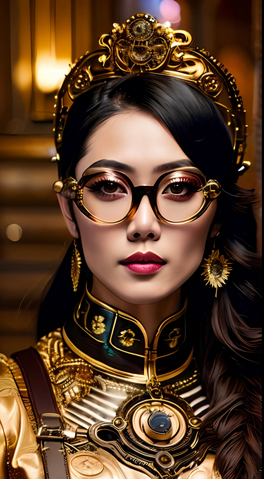 still do filme [Steampunk:Clockpunk:16], foco nos olhos, melhor qualidade, (mulher chinesa da era vitoriana com pele clara), rosto perfeito, [[maquiagem ornamentada]], (wearing mechanical overalls with opulent gold embroidery), (( Steampunk glasses)), mechanicalparts, well-oiled machine, cota de malha, poses sedutoras, luxurious interior of the mansion [da era vitoriana|Steampunk], Mechanical city, (pele detalhada), [arrepio], [[detalhes imperfeitos da pele]], calafrios, profundidade de campo rasa, natural  lightting, (backlighting:0.7), (film granulation:1.1), fotografado em uma Canon AE-1, lente macro 100mm F/2.8, Fujifilm Fujicolor 800, semelhante a filme, absurdos, (altamente detalhado, detalhadamente detalhado), (meio corpo: 0,9)