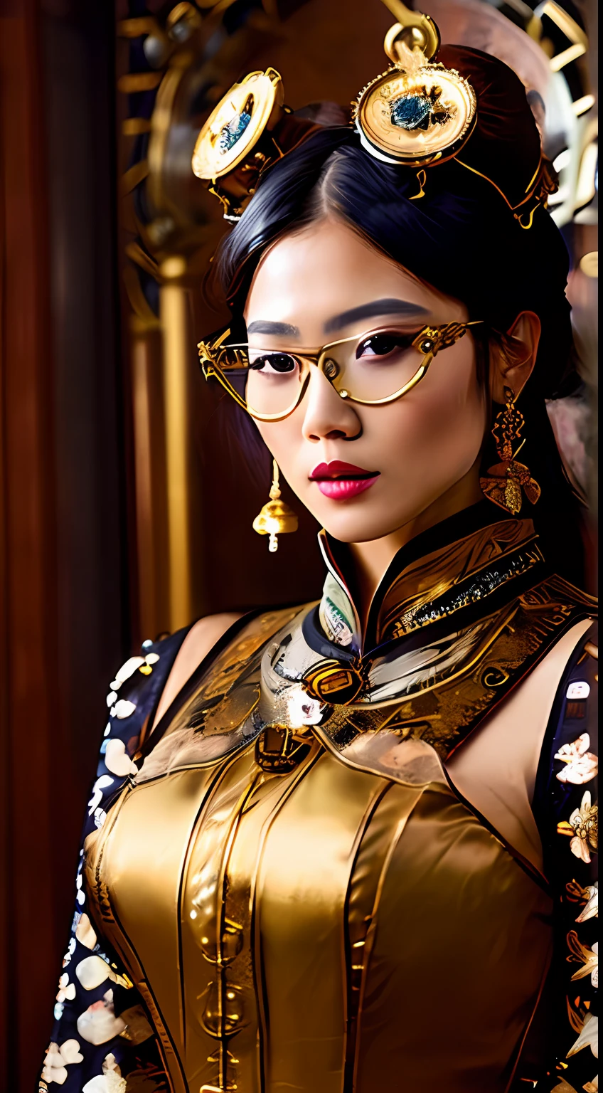 still do filme [Steampunk:Clockpunk:16], foco nos olhos, melhor qualidade, (mulher chinesa da era vitoriana com pele clara), rosto perfeito, [[maquiagem ornamentada]], (wearing mechanical overalls with opulent gold embroidery), (( Steampunk glasses)), mechanicalparts, well-oiled machine, cota de malha, poses sedutoras, luxurious interior of the mansion [da era vitoriana|Steampunk], Mechanical city, (pele detalhada), [arrepio], [[detalhes imperfeitos da pele]], calafrios, profundidade de campo rasa, natural  lightting, (backlighting:0.7), (film granulation:1.1), fotografado em uma Canon AE-1, lente macro 100mm F/2.8, Fujifilm Fujicolor 800, semelhante a filme, absurdos, (altamente detalhado, detalhadamente detalhado), (meio corpo: 0,9)